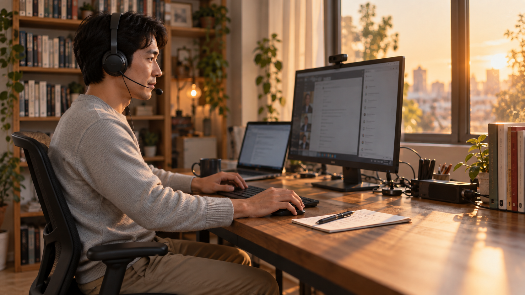30代前半の日本人男性が在宅でのWeb会議をしている場面