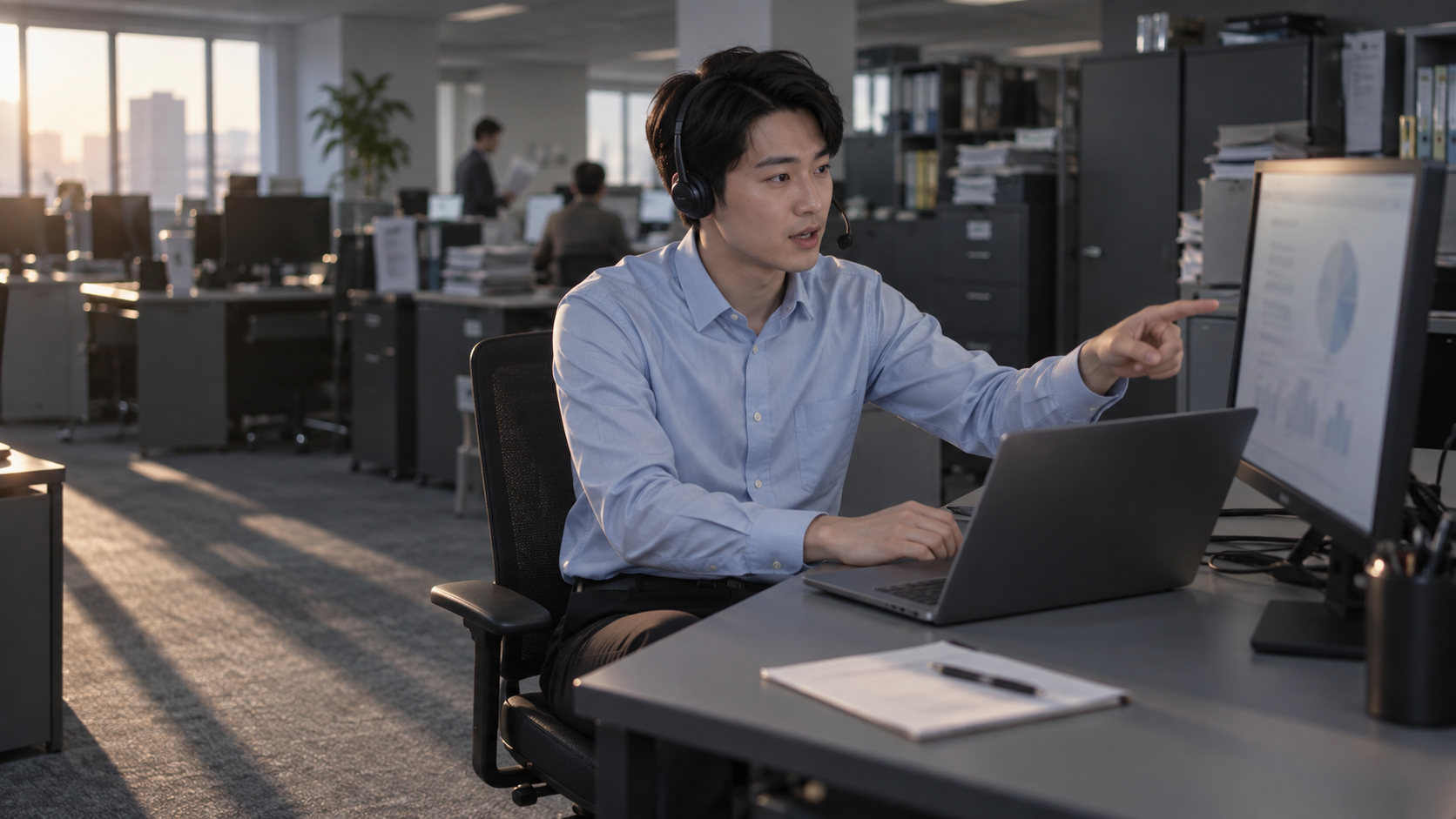 20代前半の日本人男性が開発のWeb会議をしている場面