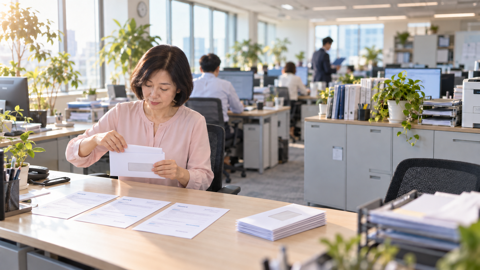 50代前半の日本人女性が請求書の封入をしている場面