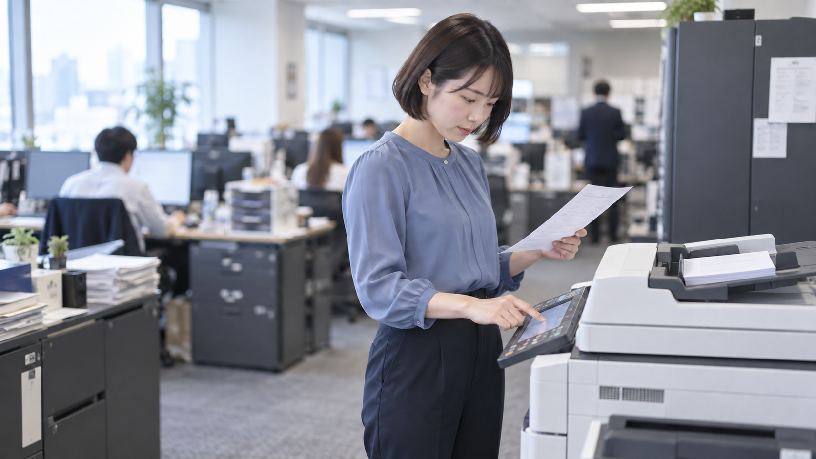 20代前半の日本人女性がFAXの送信をしている場面