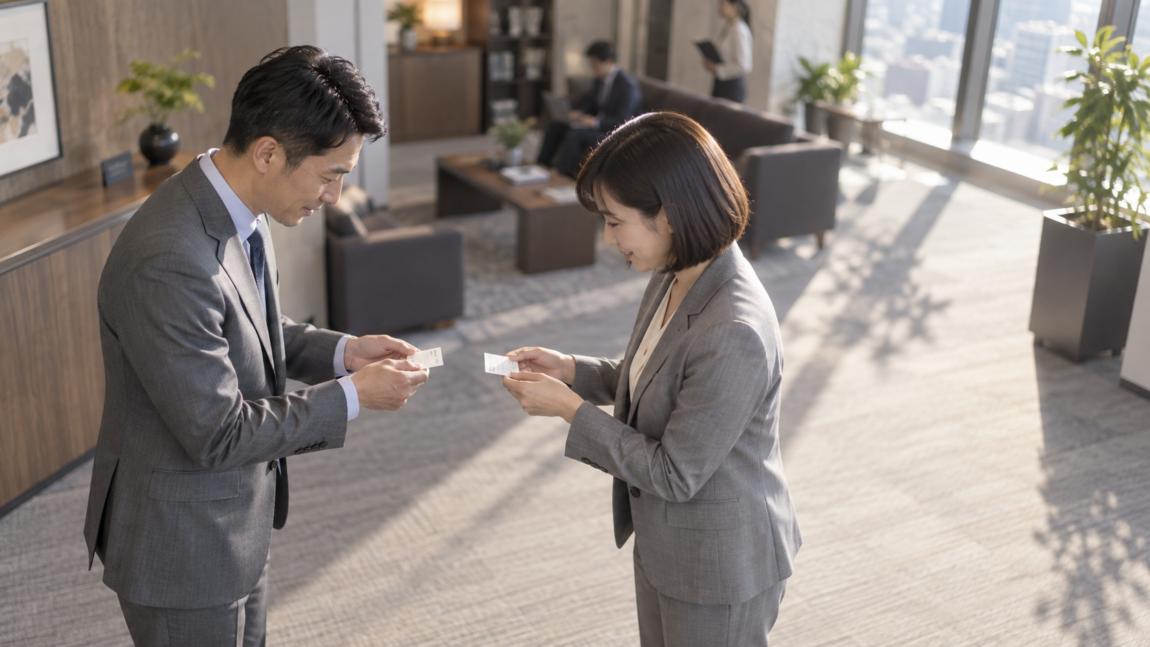 30代後半の日本人男性が名刺交換をしている場面