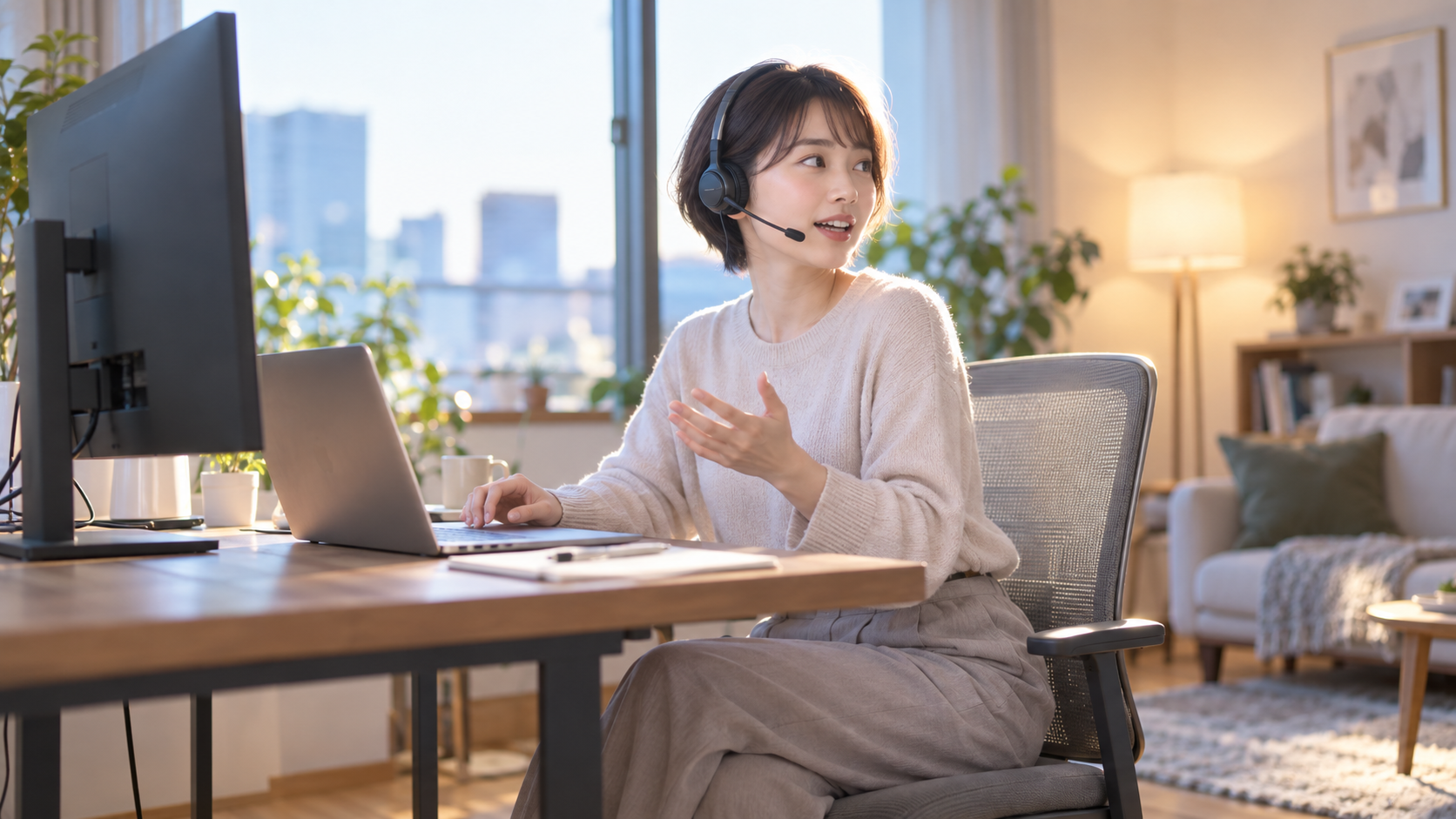 20代後半の日本人女性が在宅でのWeb会議をしている場面