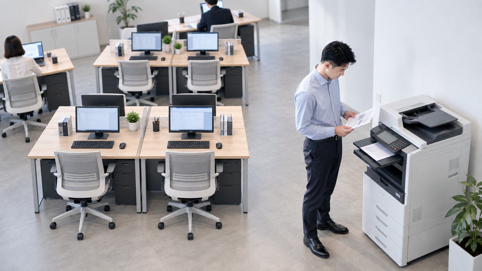 30代前半の日本人男性が受信したFAXの確認をしている場面