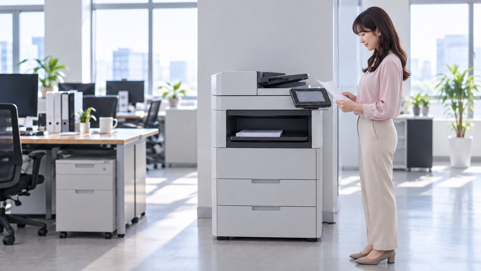 30代前半の日本人女性が受信したFAXの確認をしている場面