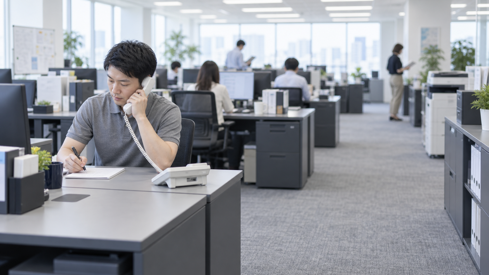 30代前半の日本人男性が電話での問い合わせ対応をしている場面