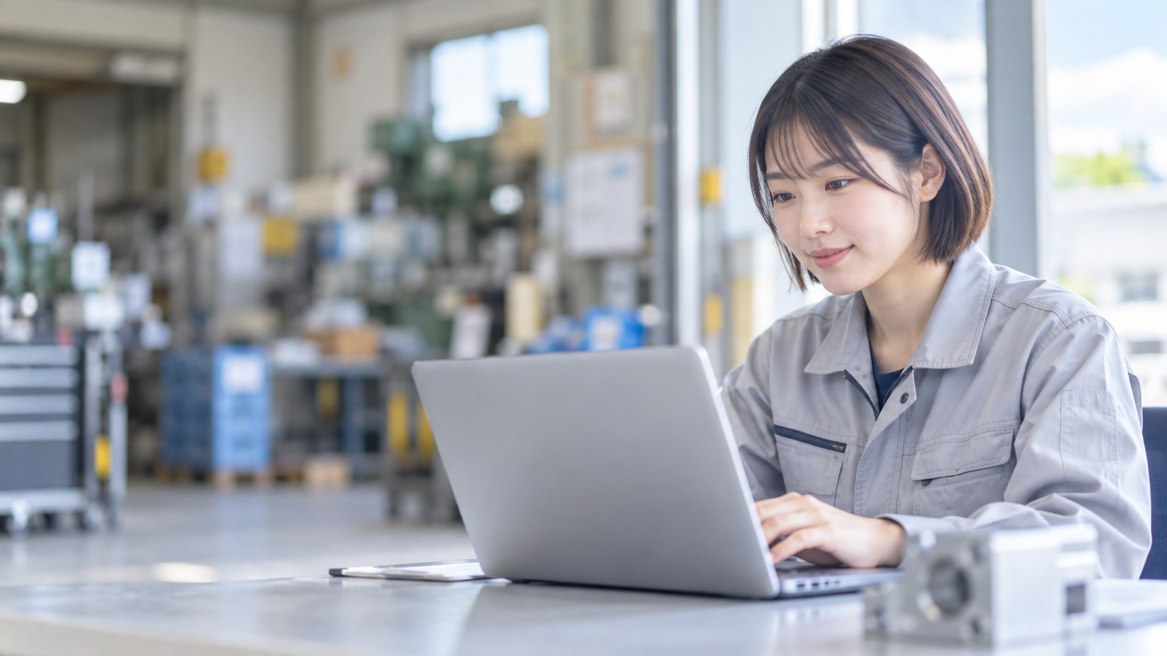 20代前半の日本人女性が町工場の事務での発注をしている場面