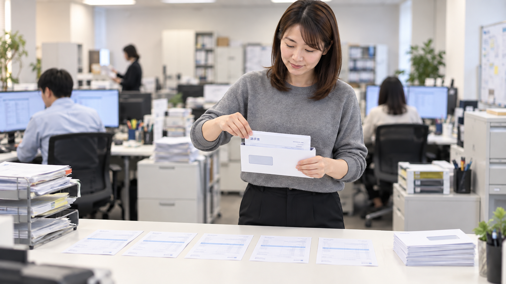 30代後半の日本人女性が請求書の封入をしている場面