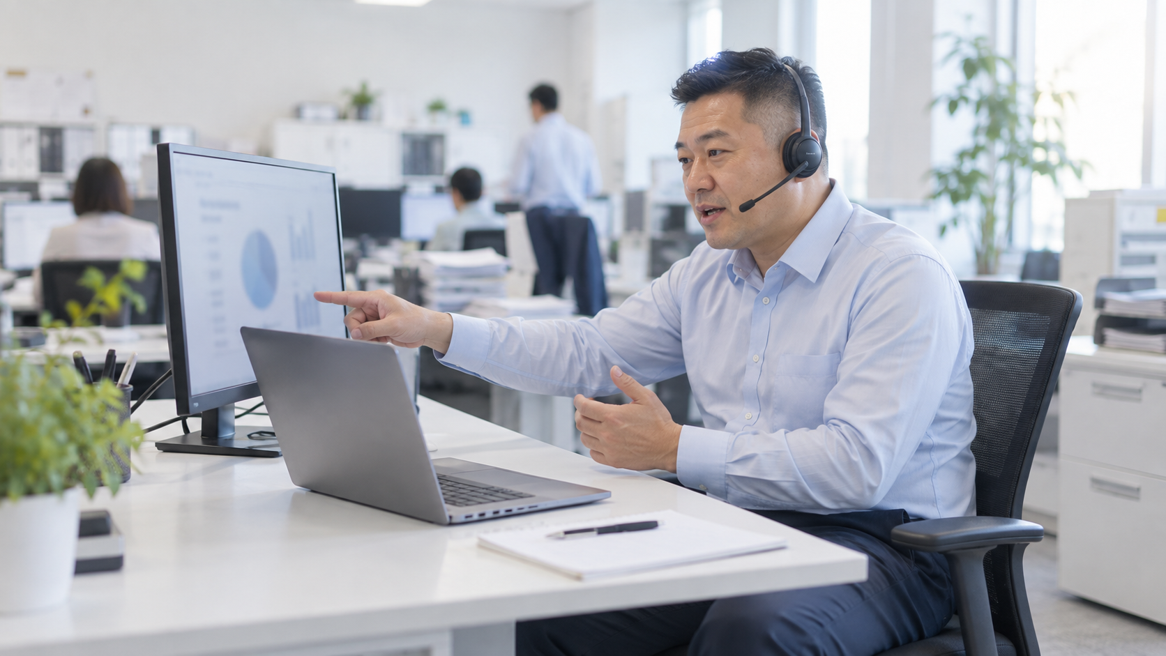 40代前半の日本人男性が開発のWeb会議をしている場面