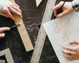 Close-up of hands designing woodworking projects on paper with rulers and wood shavings.