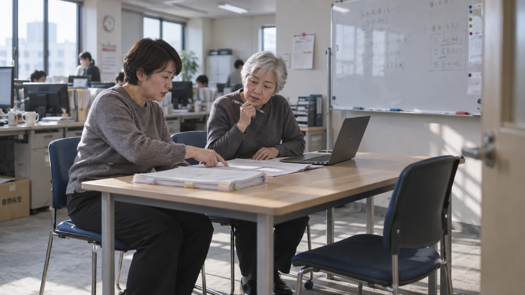 40代前半の日本人女性が小会議室での打ち合わせをしている場面