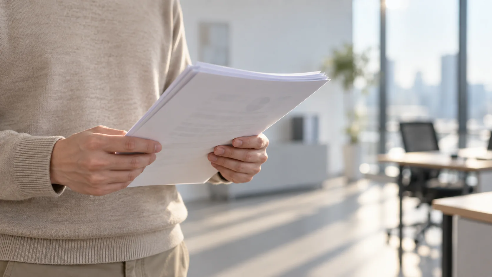 30代後半の日本人男性が窓際での書類確認をしている場面