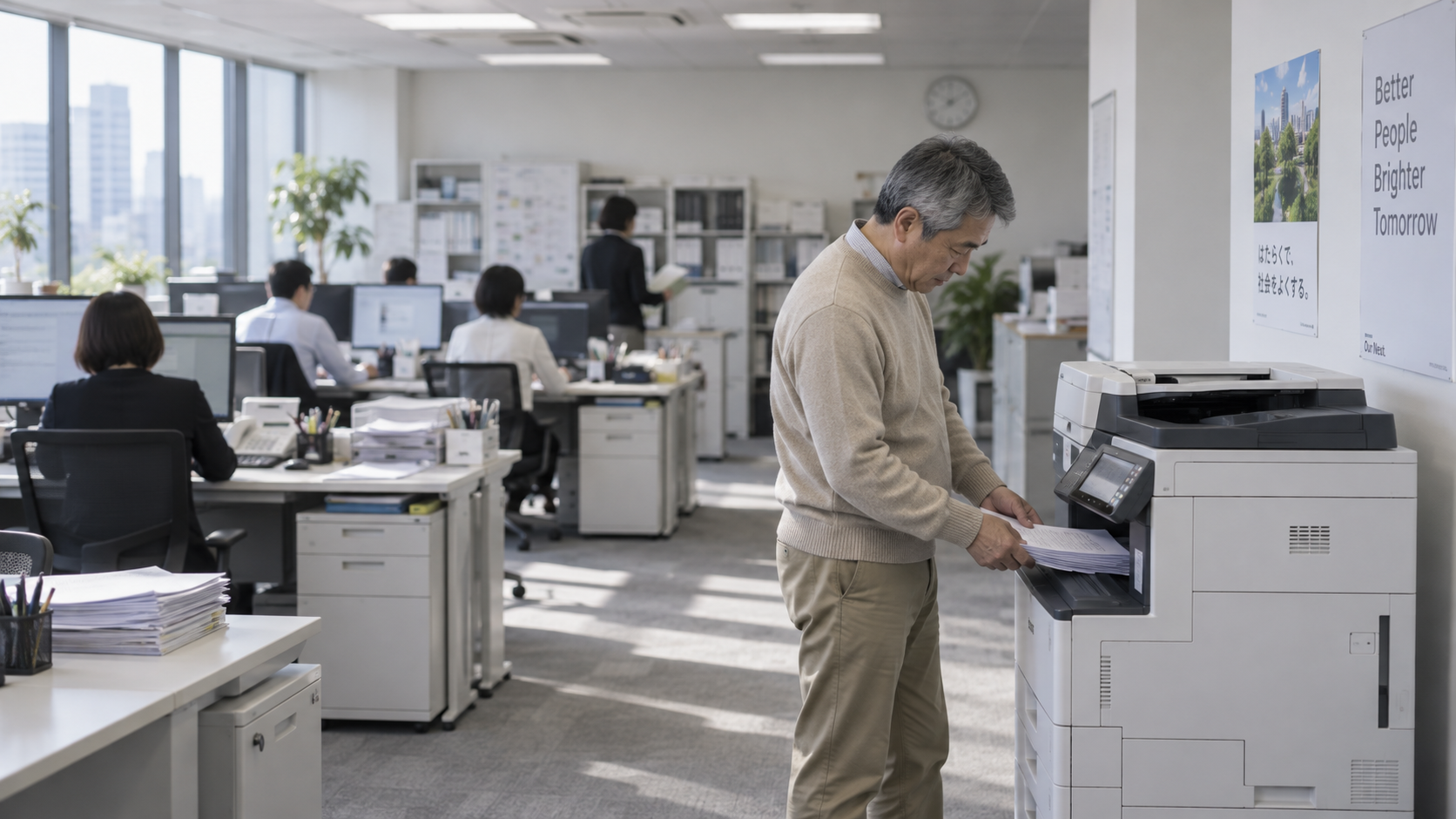 50代前半の日本人男性が複合機での出力をしている場面