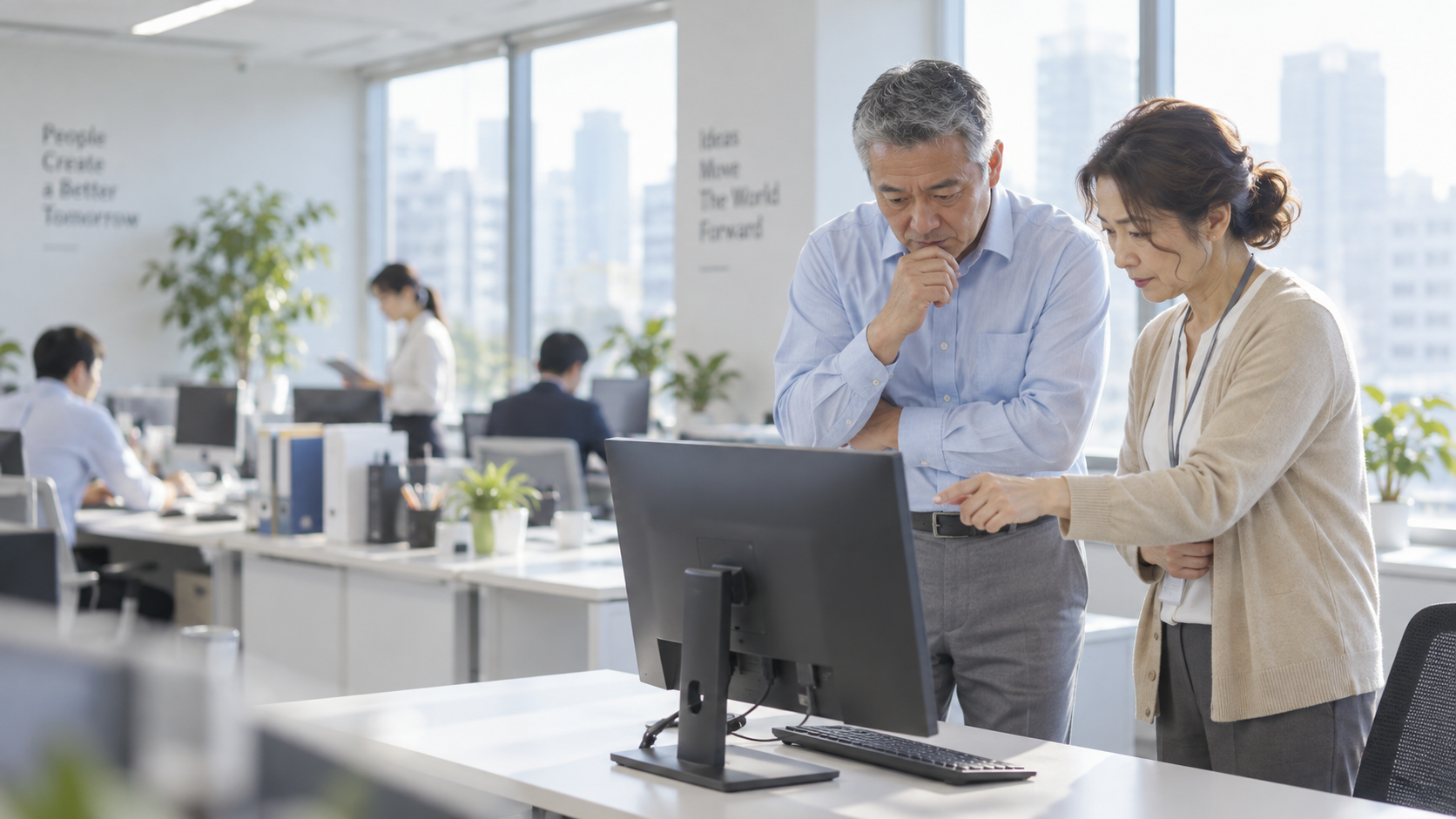 50代前半の日本人男性が二人で画面を覗くをしている場面