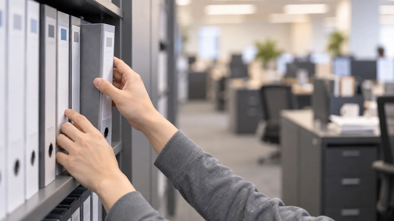 20代前半の日本人男性が書庫でのファイル探しをしている場面