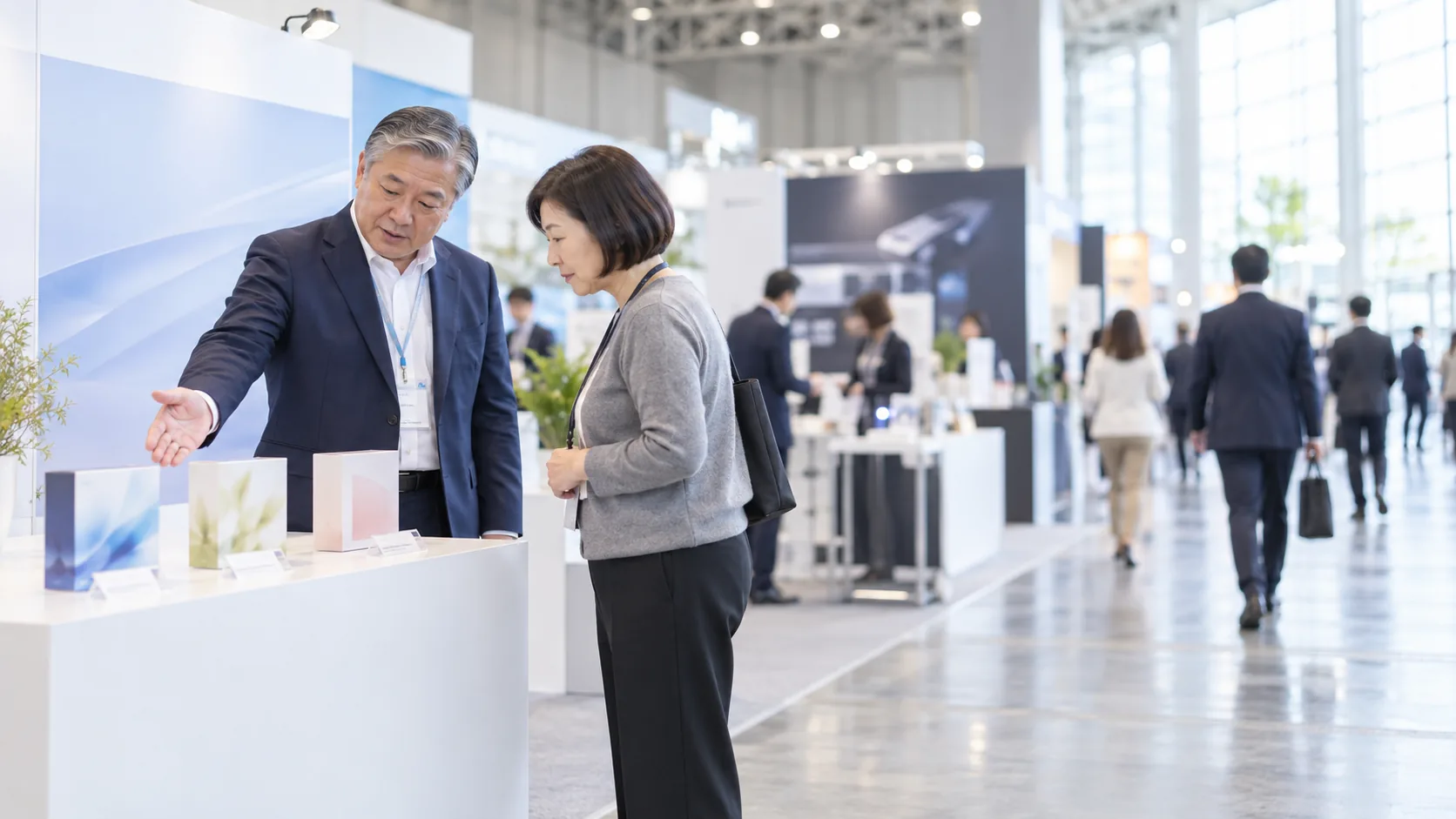 50代後半の日本人男性が展示会のブースでの説明をしている場面