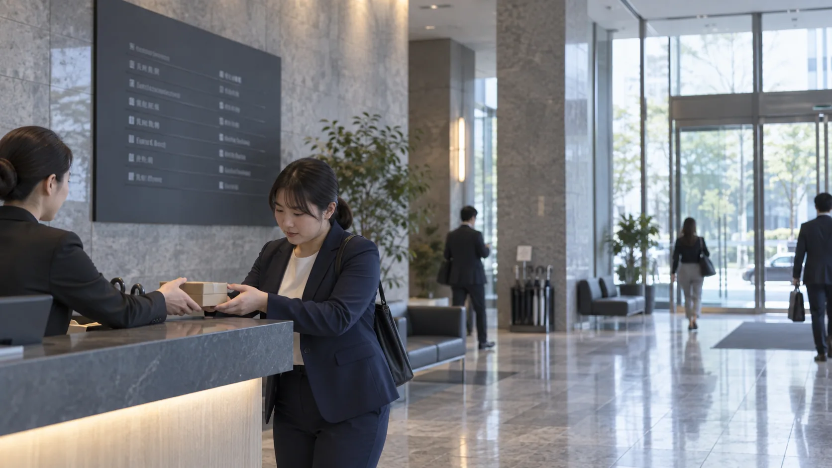20代前半の日本人女性が受付での荷物の受け取りをしている場面