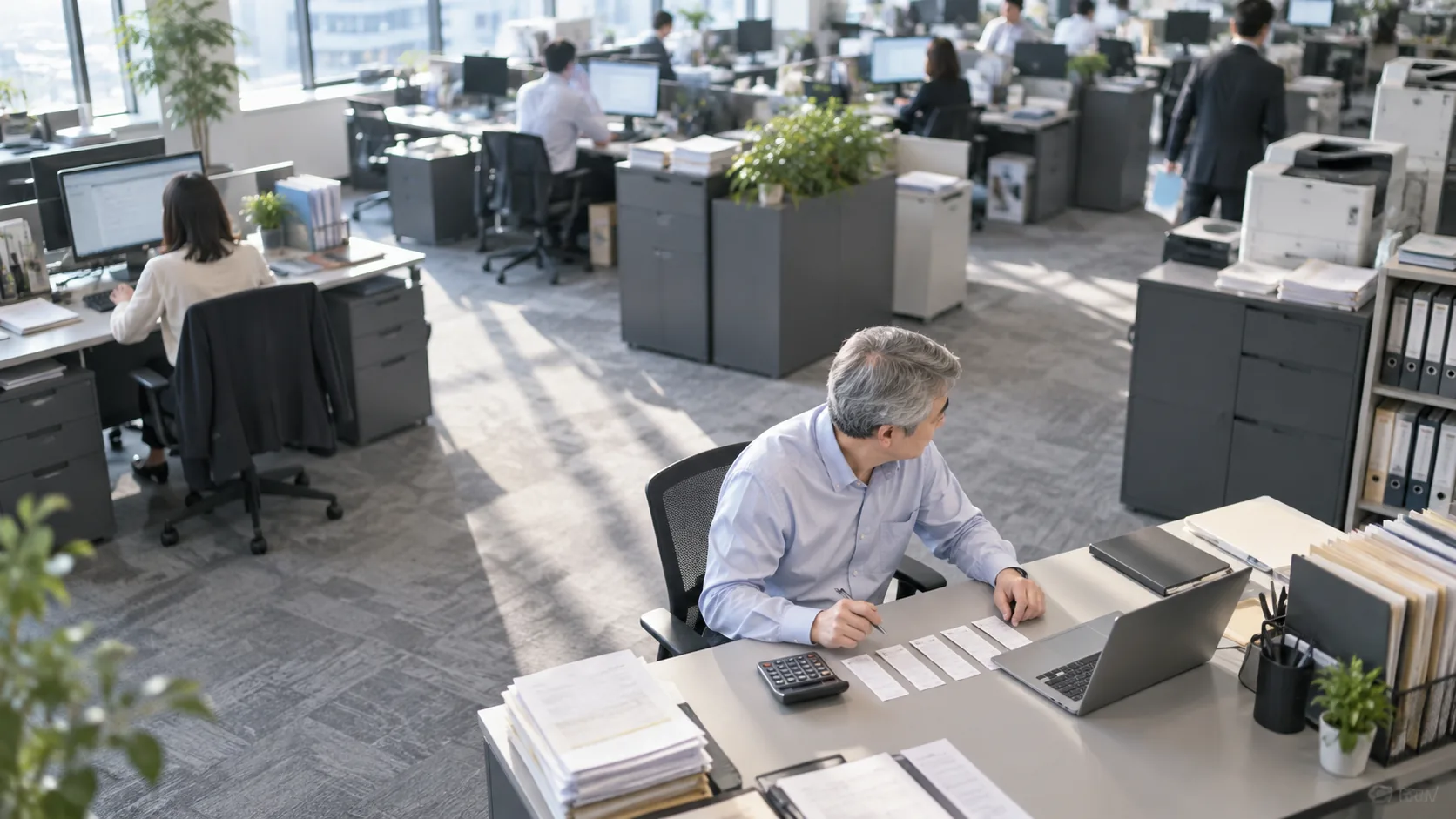 50代後半の日本人男性が経費精算の確認をしている場面