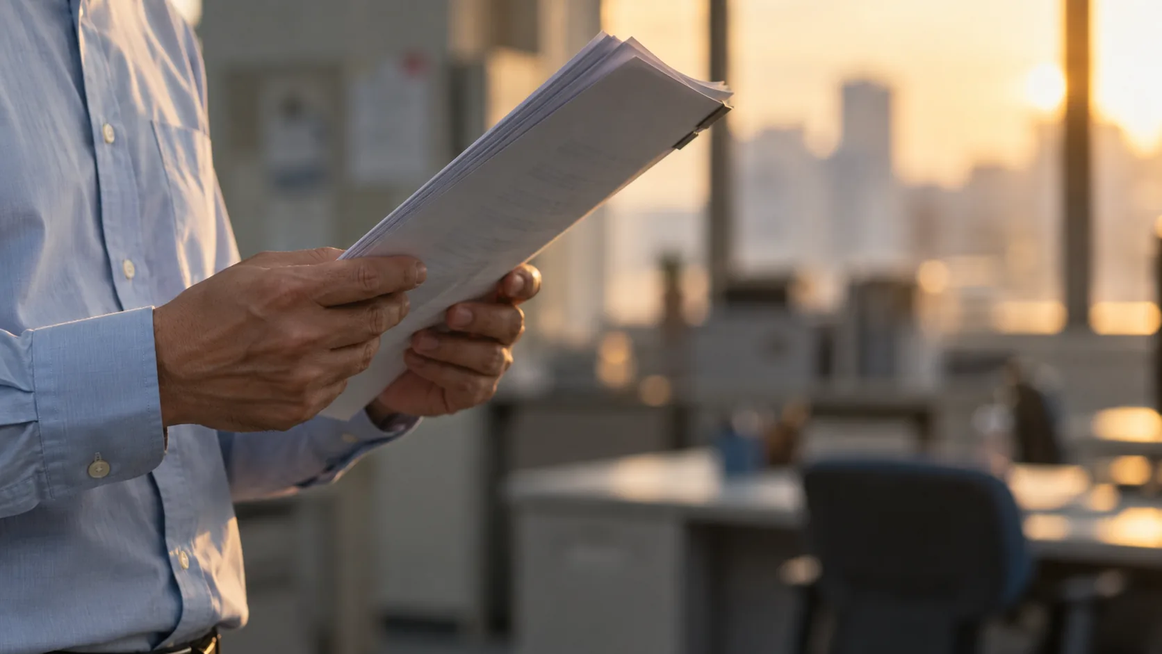 40代後半の日本人男性が窓際での書類確認をしている場面