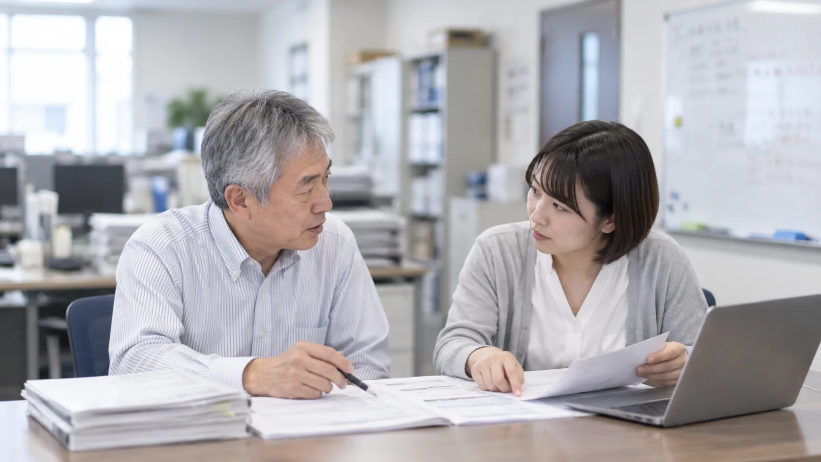 50代後半の日本人男性が小会議室での打ち合わせをしている場面