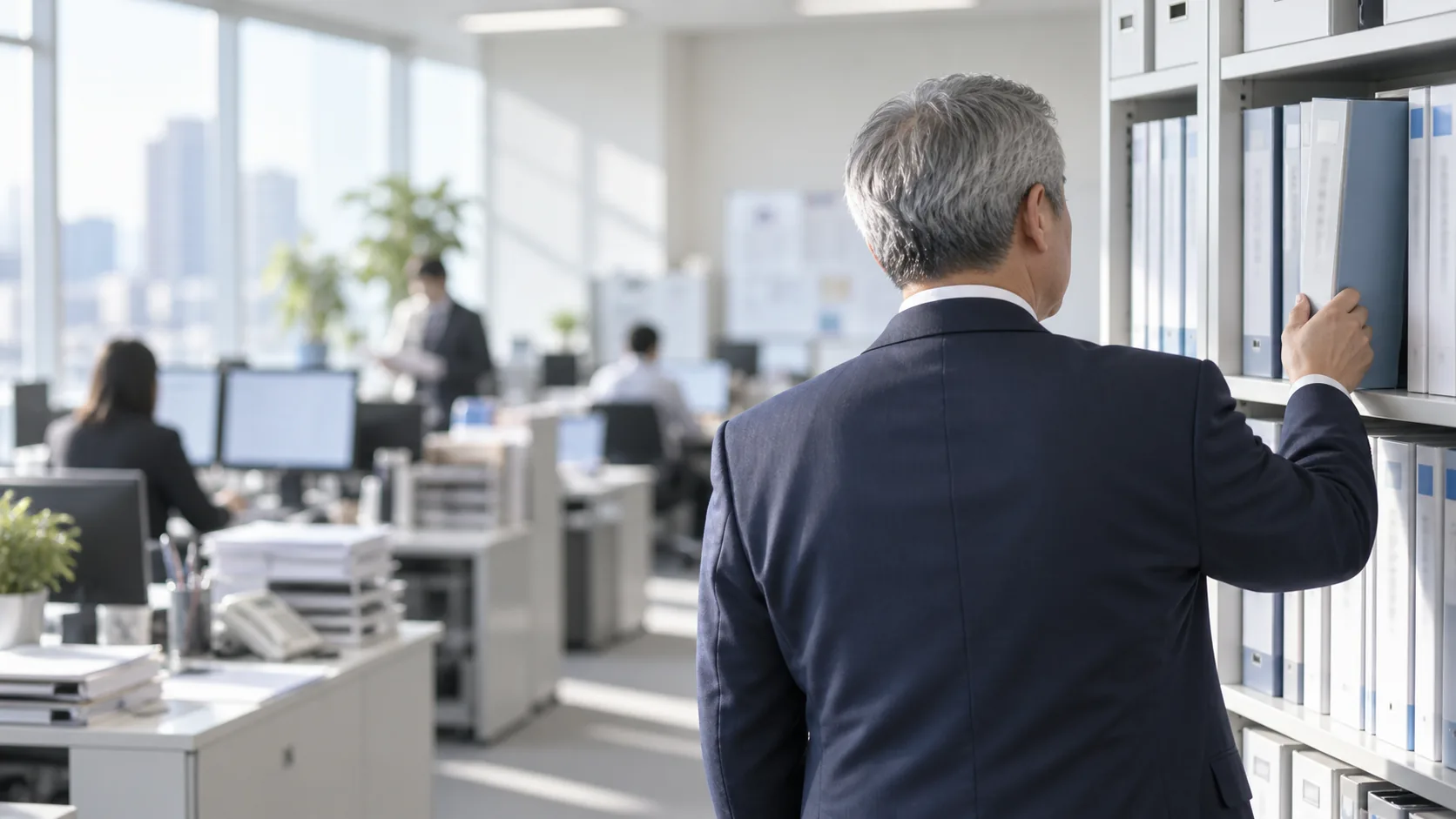 50代後半の日本人男性が書庫でのファイル探しをしている場面