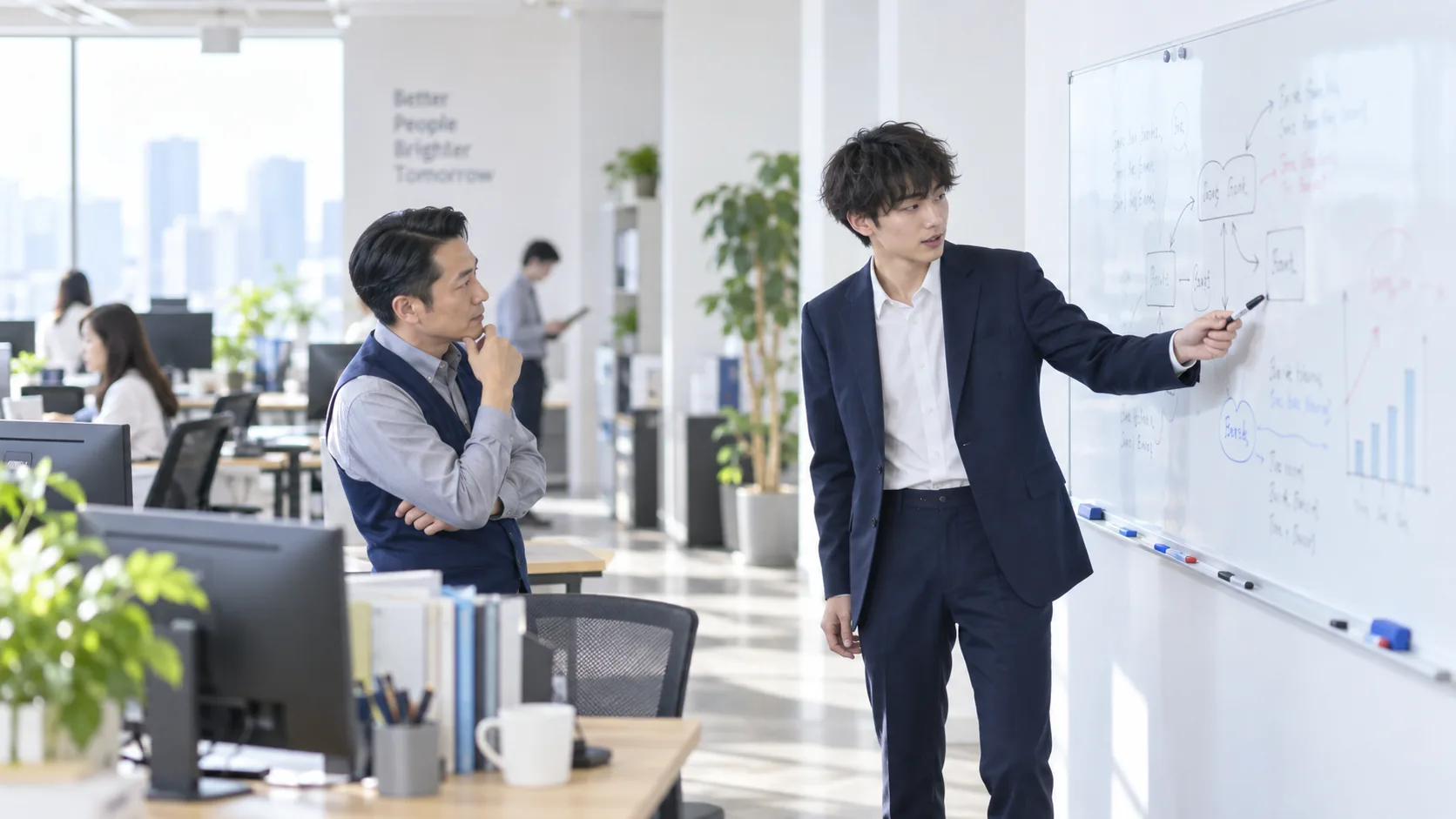 20代前半の日本人男性がホワイトボードでの説明をしている場面