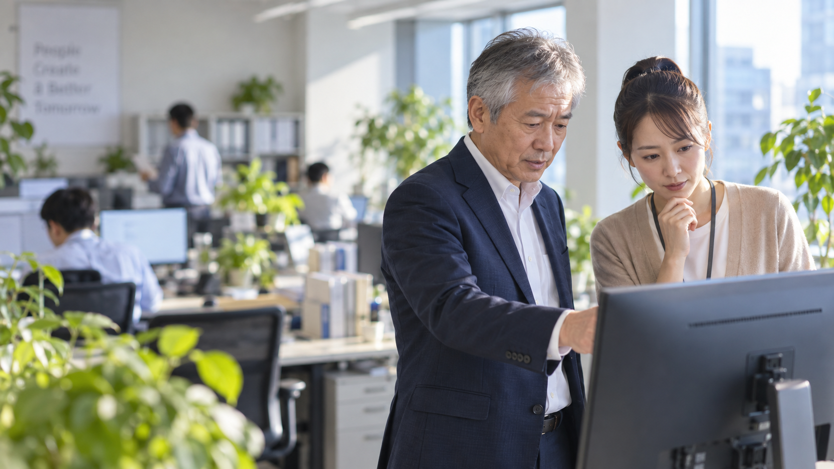 60代前半の日本人男性が二人で画面を覗くをしている場面