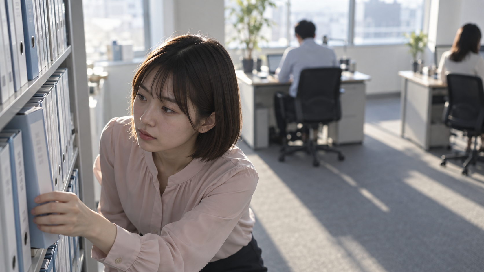 20代前半の日本人女性が書庫でのファイル探しをしている場面
