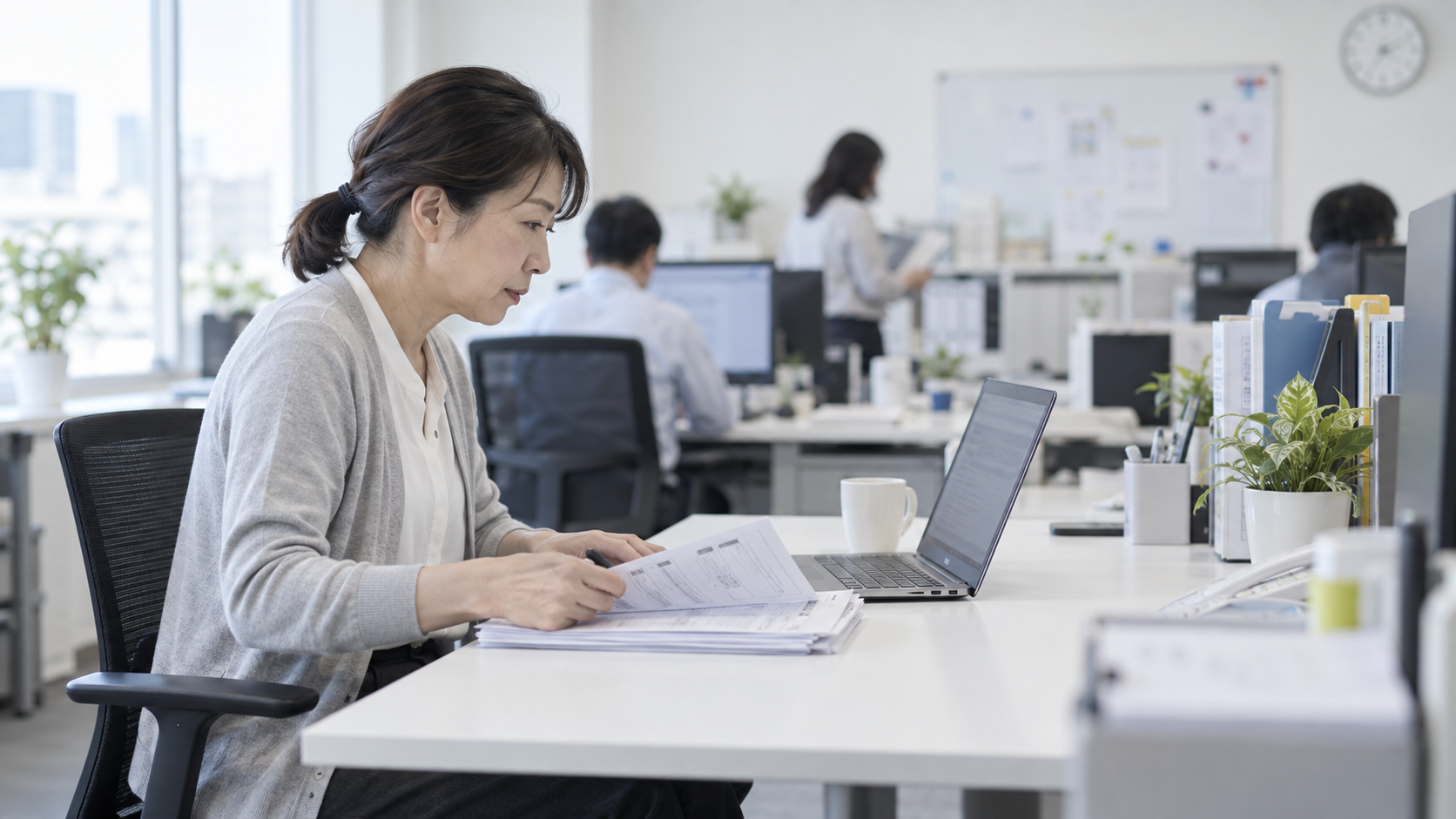 40代後半の日本人女性が自席での書類確認をしている場面