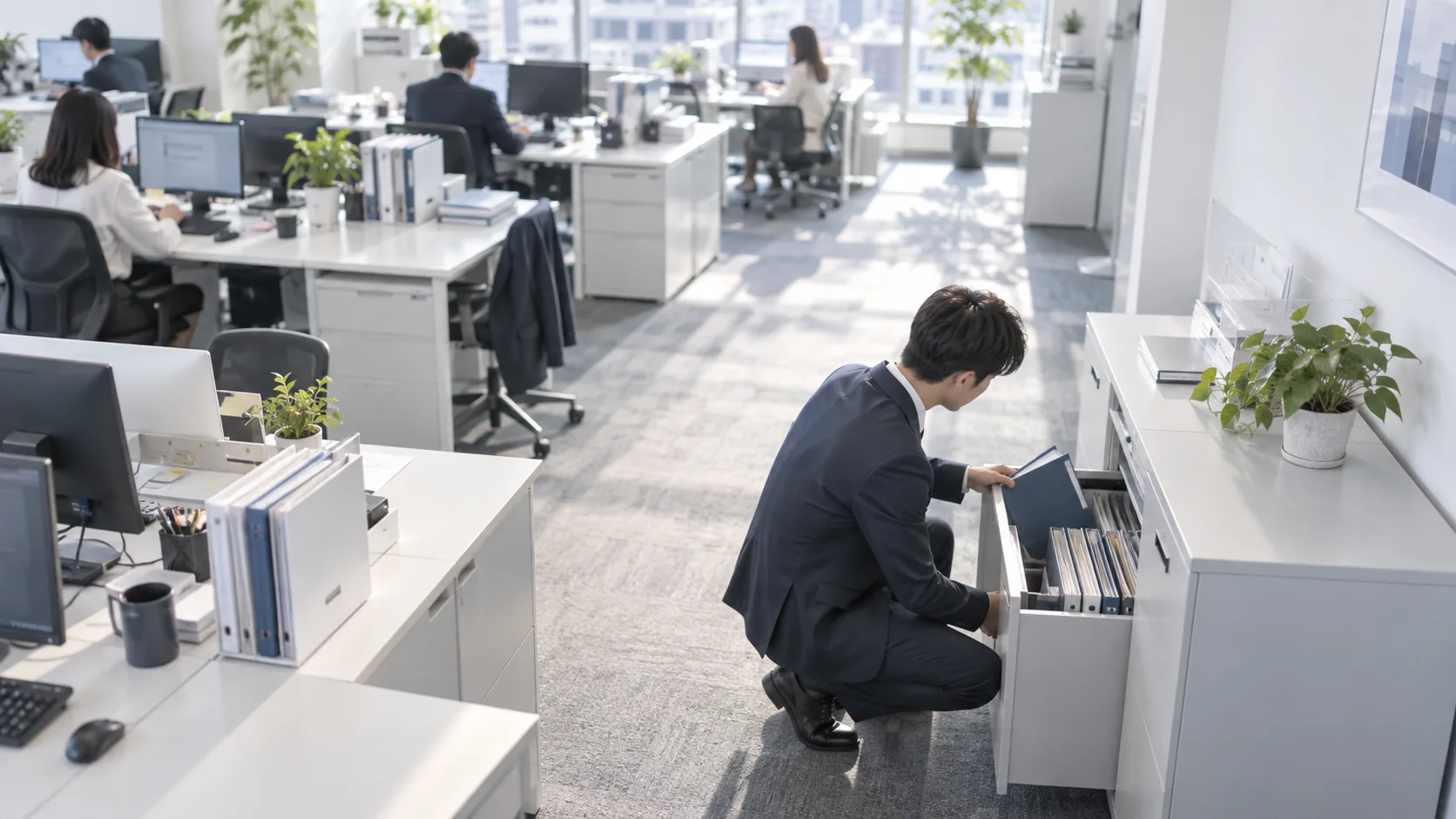 20代前半の日本人男性がキャビネットからの取り出しをしている場面