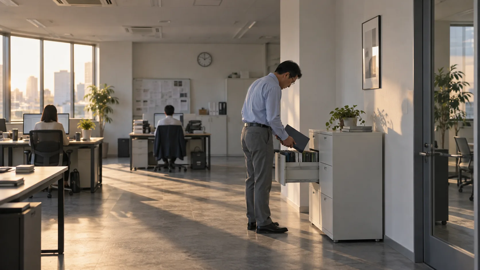 40代前半の日本人男性がキャビネットからの取り出しをしている場面
