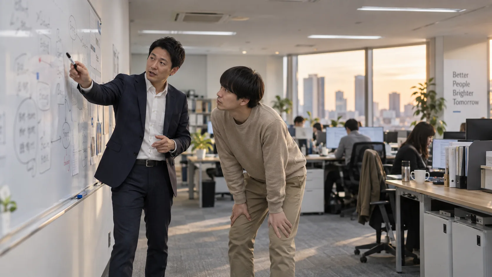 30代後半の日本人男性がホワイトボードでの説明をしている場面