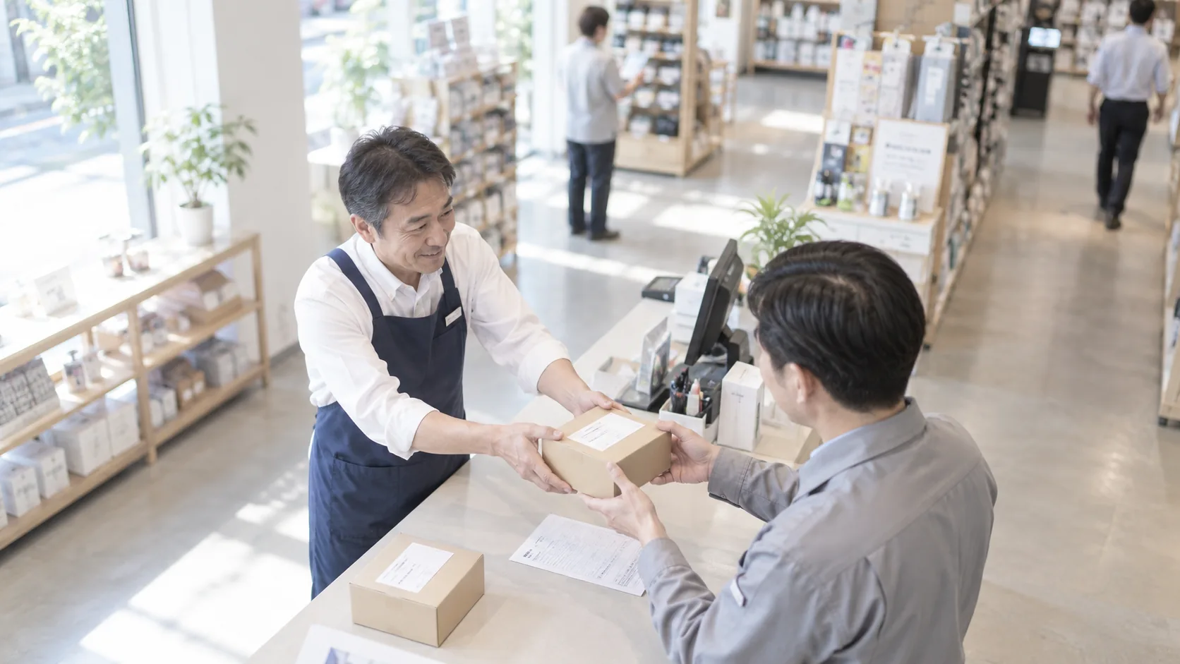 40代後半の日本人男性が商品の受け渡しをしている場面