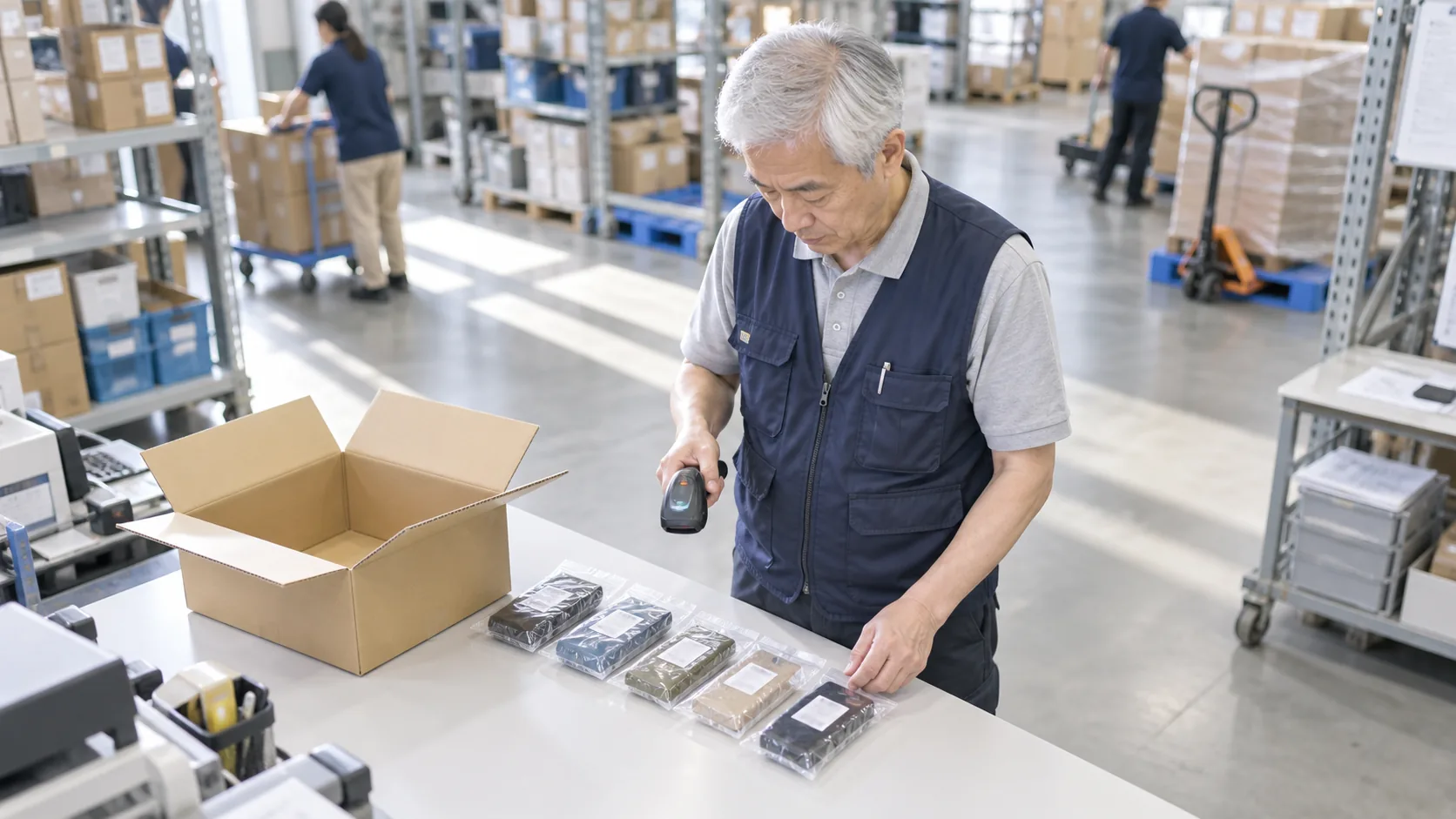 60代前半の日本人男性が検品台での数量確認をしている場面