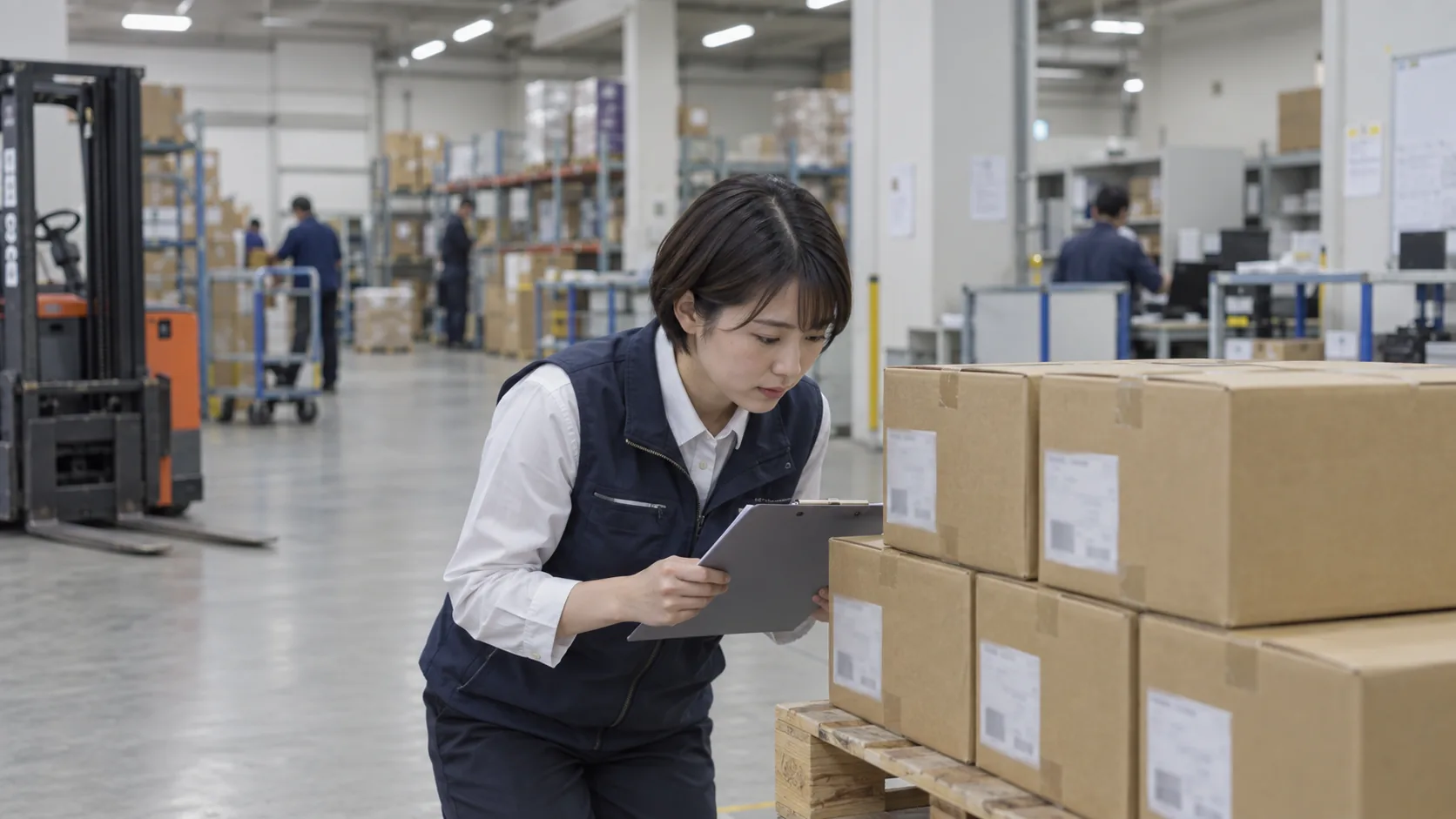 20代後半の日本人女性がパレットの積み荷確認をしている場面