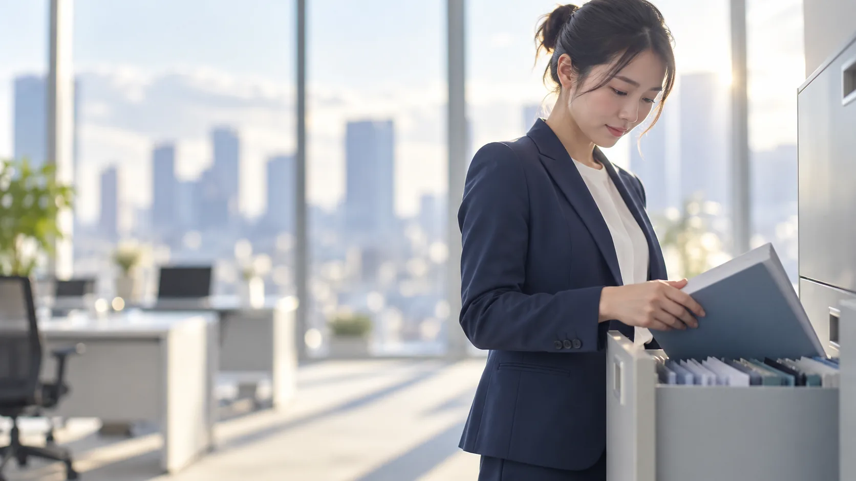20代後半の日本人女性がキャビネットからの取り出しをしている場面