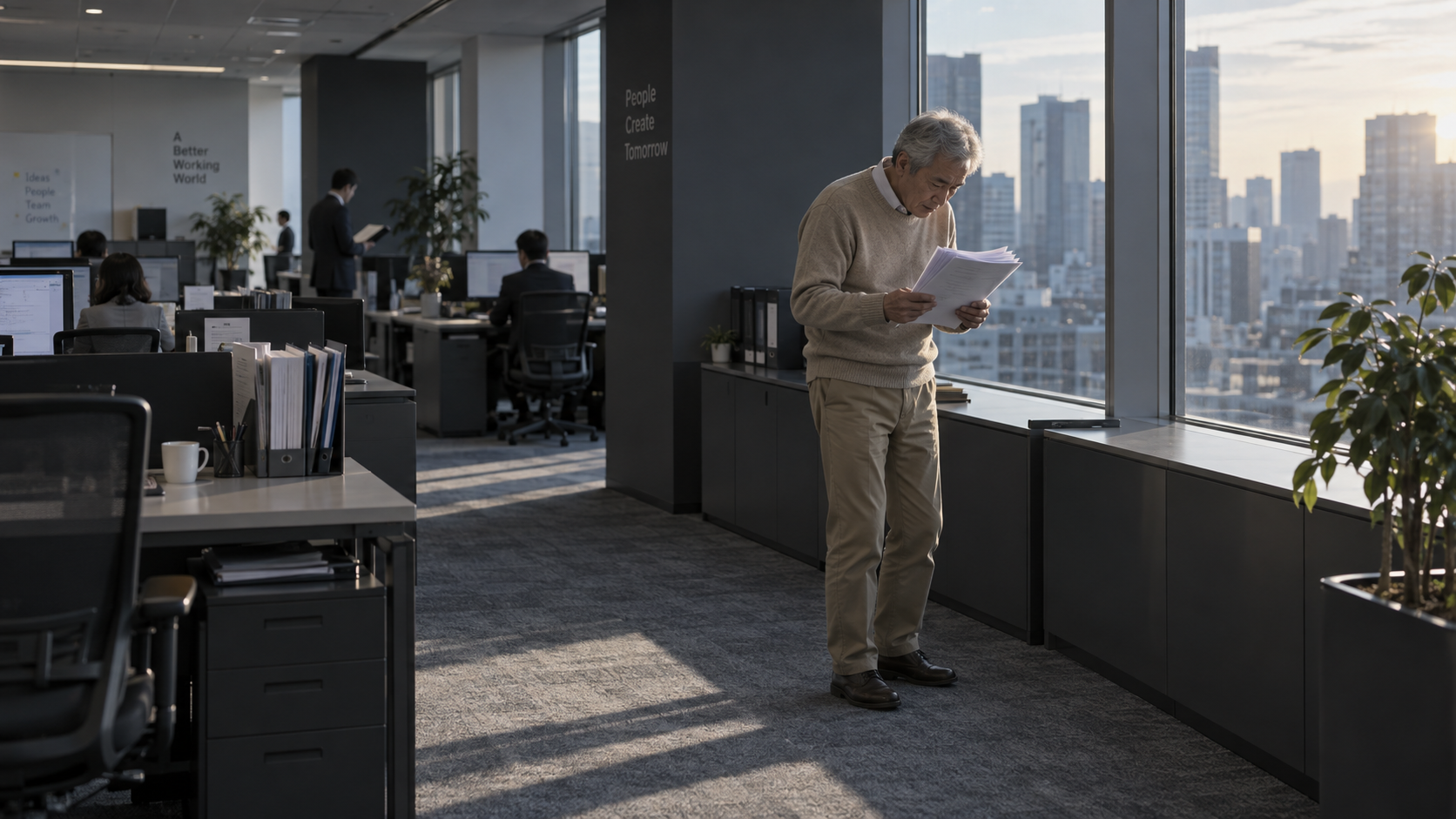 60代前半の日本人男性が窓際での書類確認をしている場面