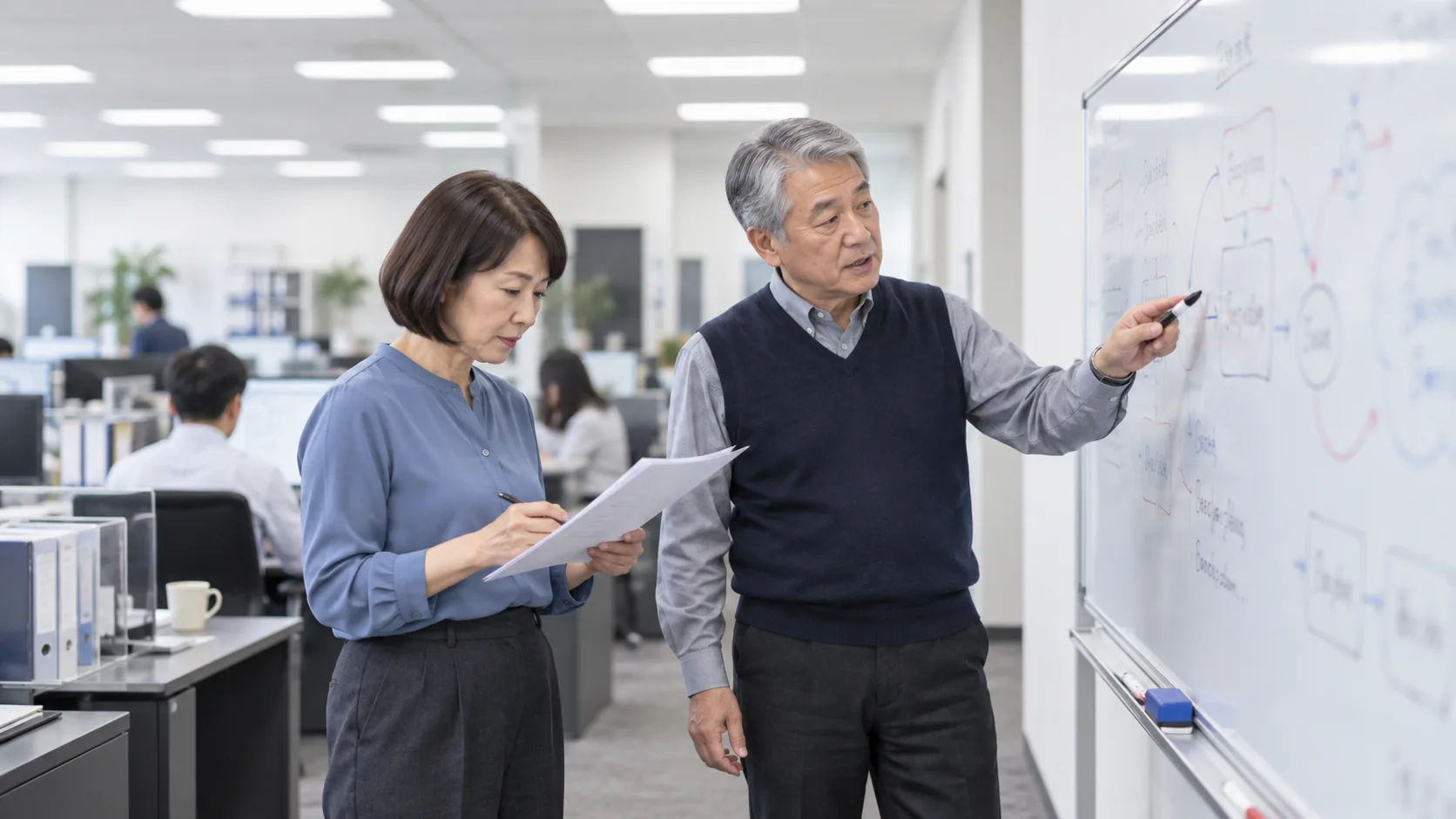 50代後半の日本人男性がホワイトボードでの説明をしている場面