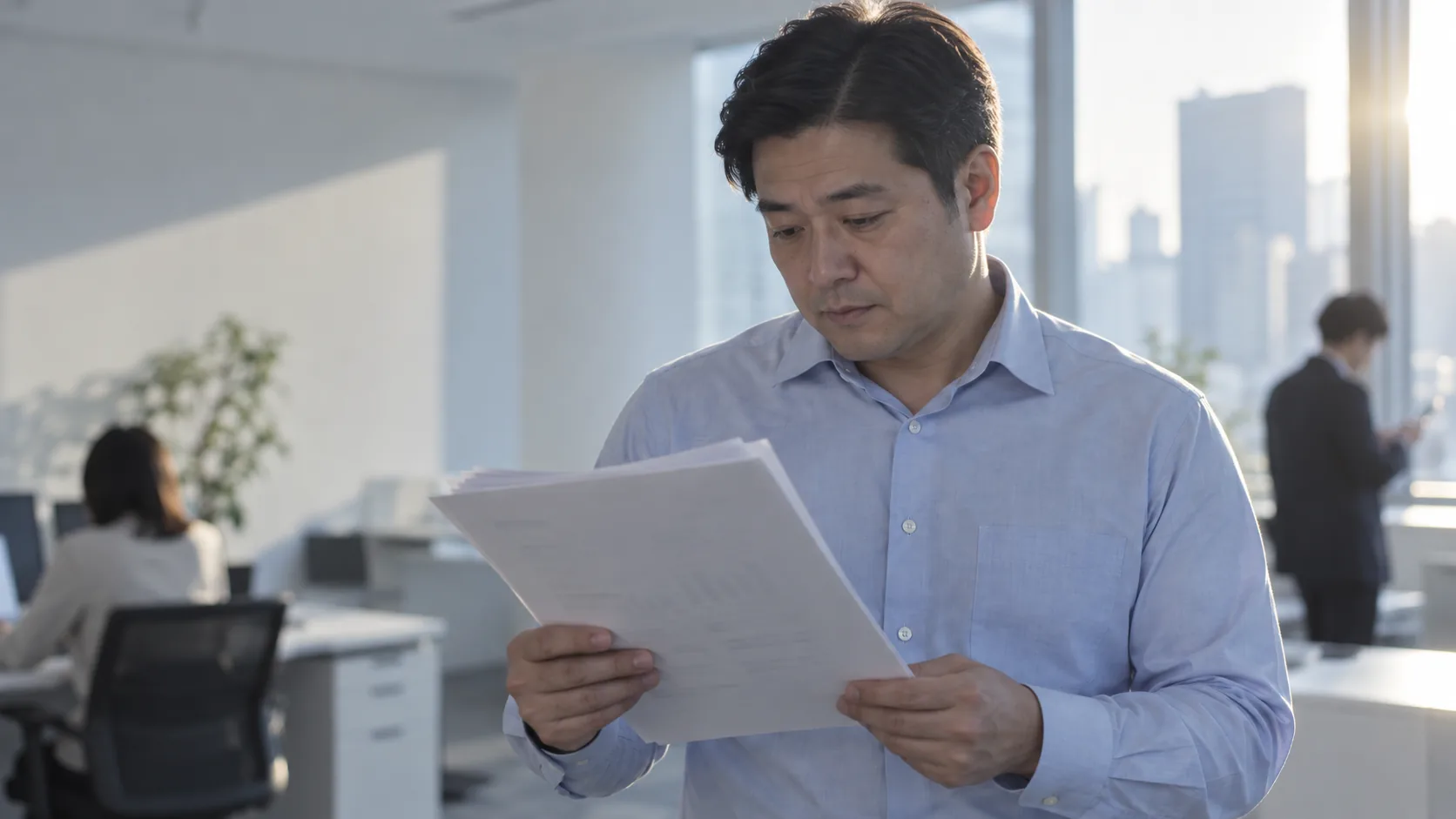 40代前半の日本人男性が窓際での書類確認をしている場面
