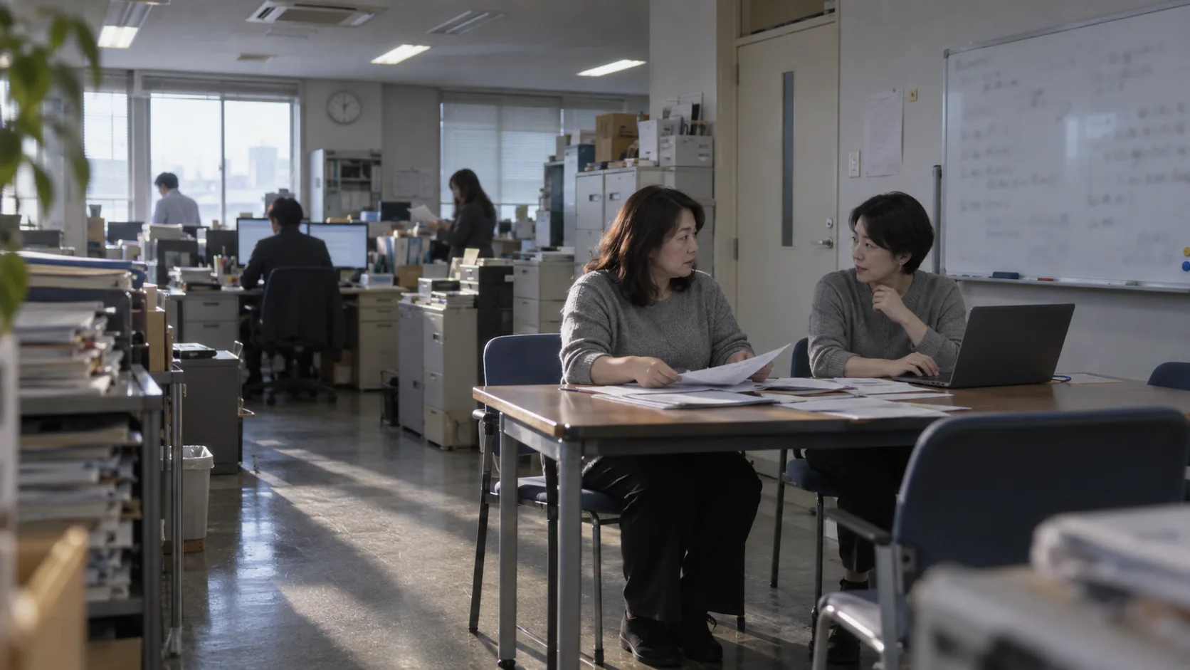 40代後半の日本人女性が小会議室での打ち合わせをしている場面