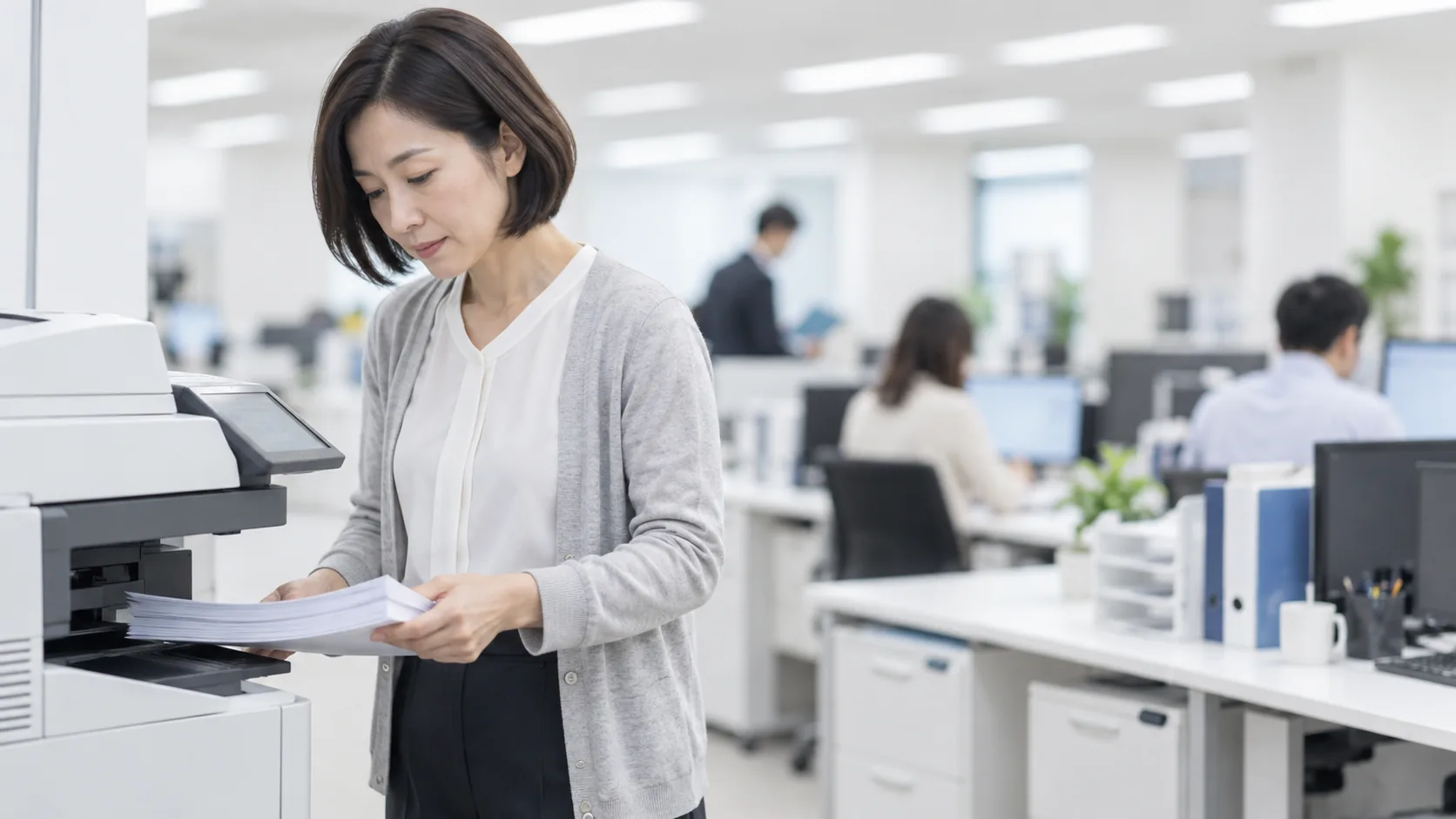40代前半の日本人女性が複合機での出力をしている場面