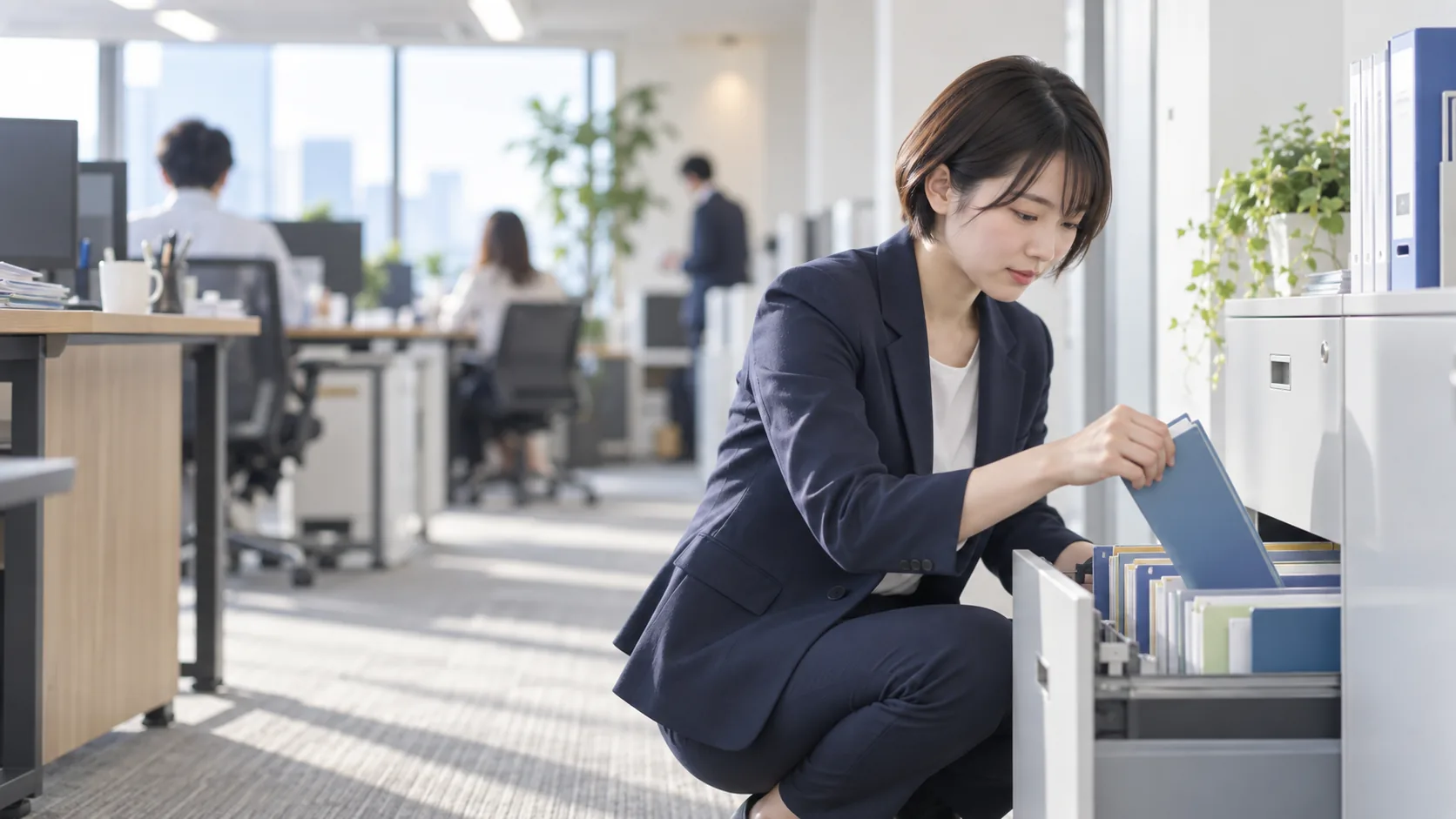 20代前半の日本人女性がキャビネットからの取り出しをしている場面
