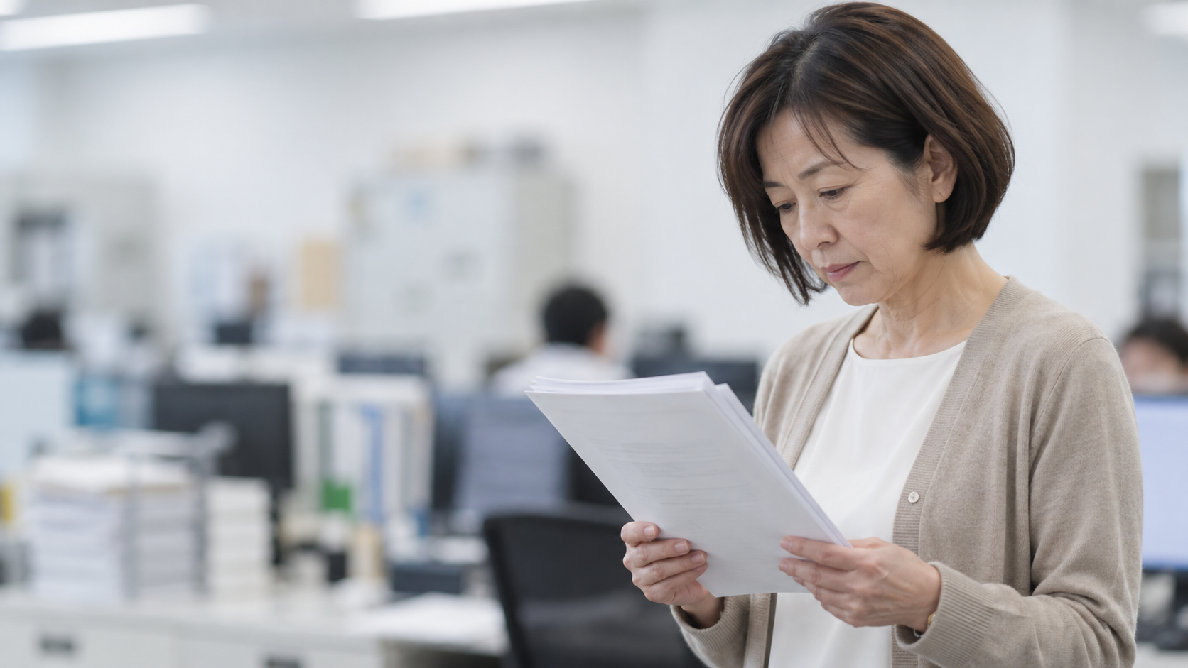 50代前半の日本人女性が窓際での書類確認をしている場面