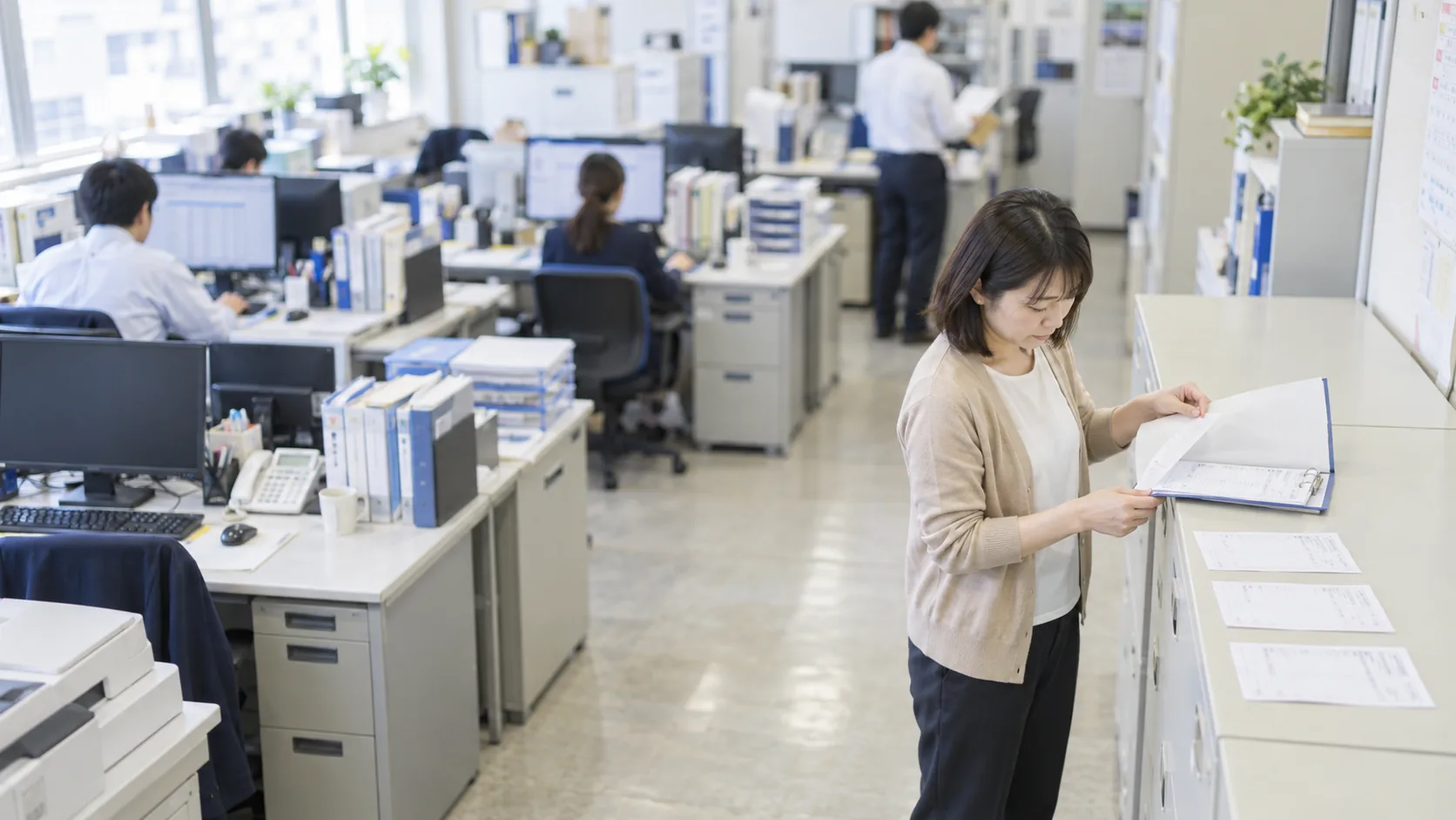 30代後半の日本人女性が発送控えのファイリングをしている場面