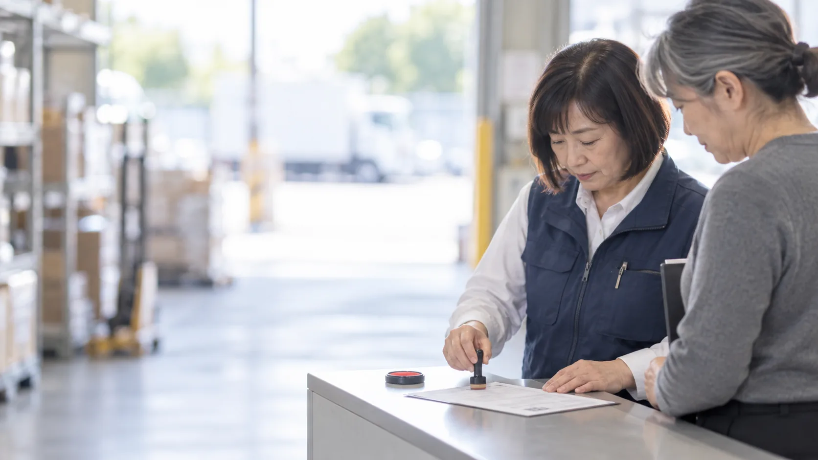50代後半の日本人女性が受領印の押印をしている場面