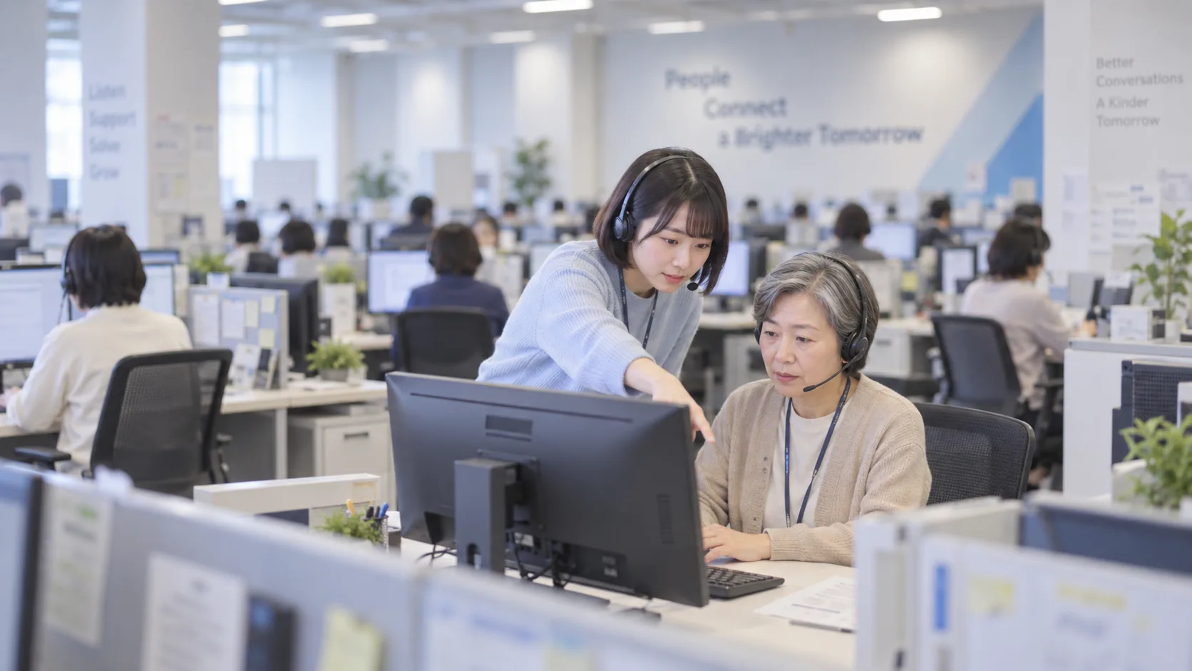 20代前半の日本人女性が席の後ろでの助言をしている場面