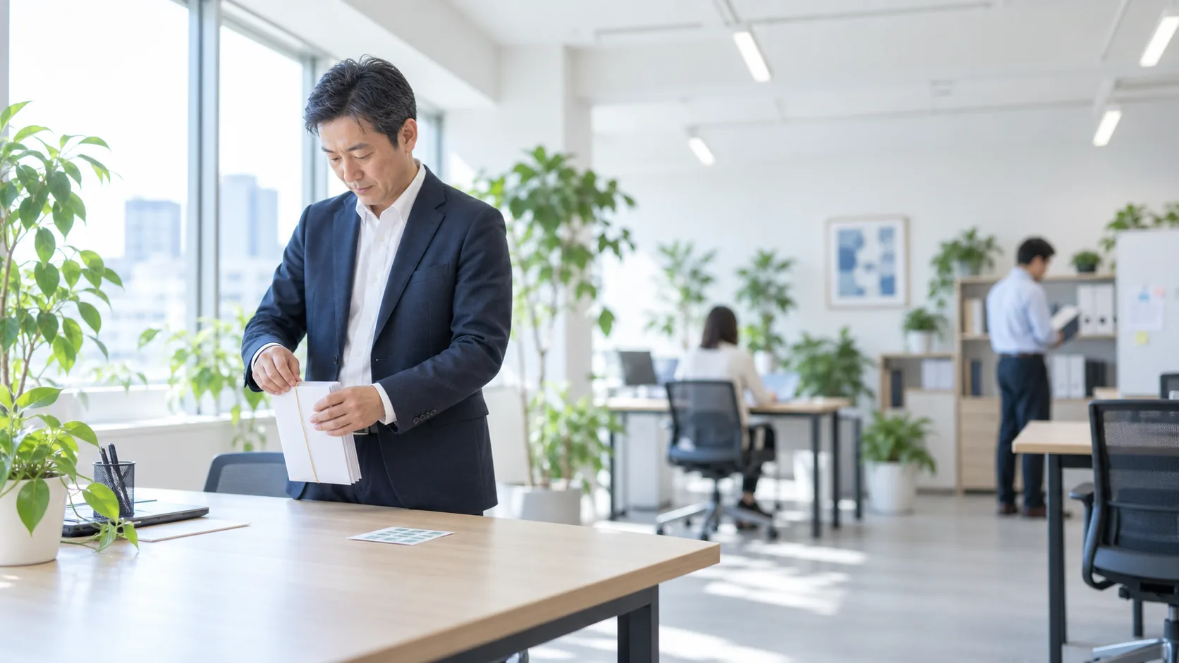 40代後半の日本人男性が封筒の封かんと束ねをしている場面