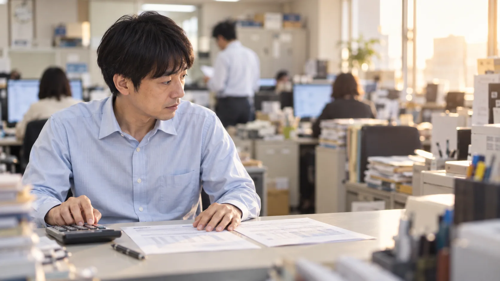 40代前半の日本人男性が電卓での入力をしている場面