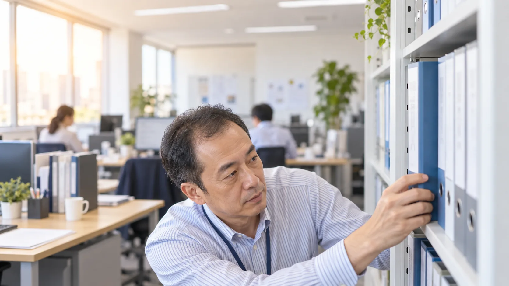 50代前半の日本人男性が書庫でのファイル探しをしている場面