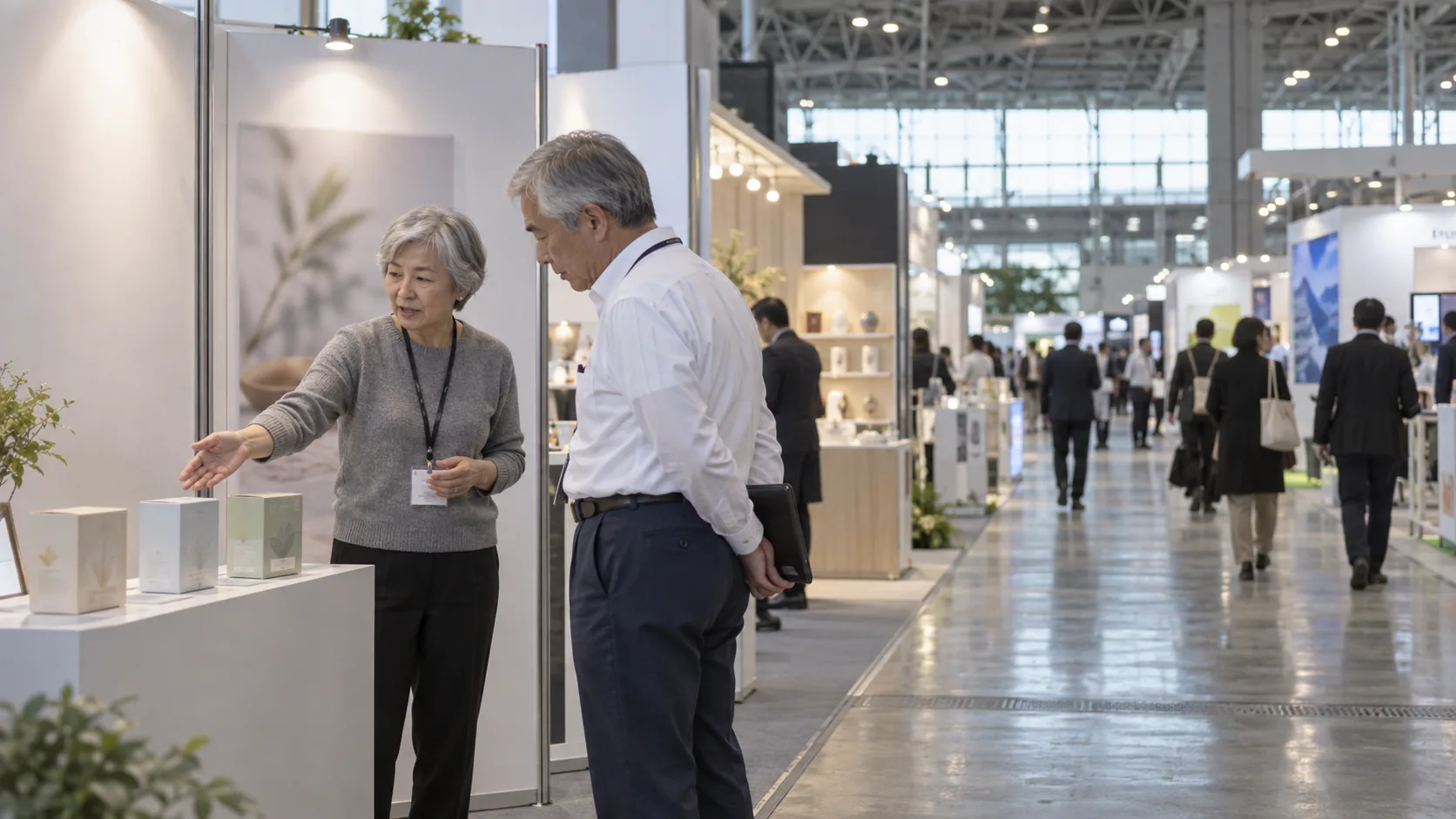 60代前半の日本人女性が展示会のブースでの説明をしている場面
