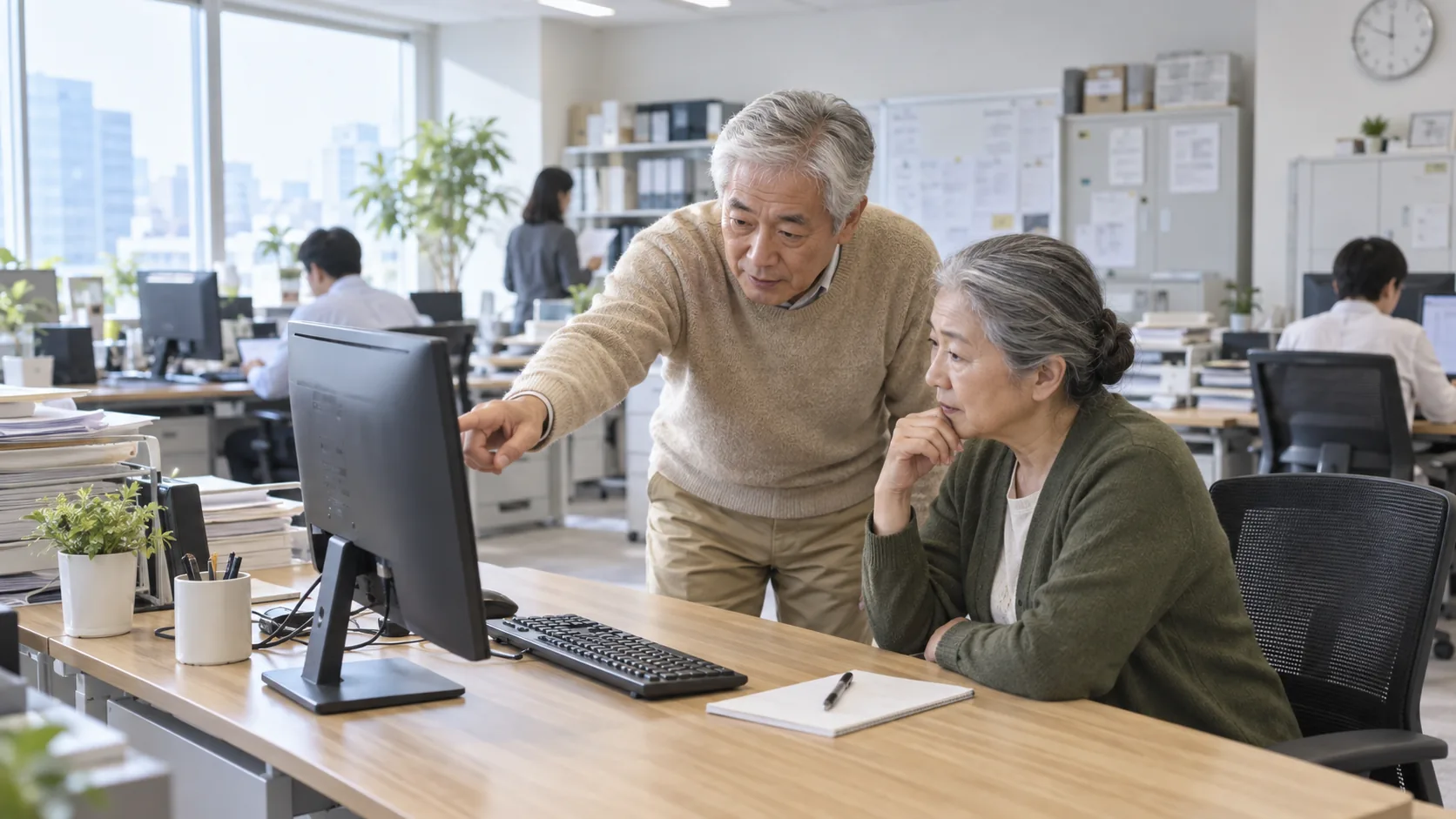 50代後半の日本人男性が二人でのコード確認をしている場面